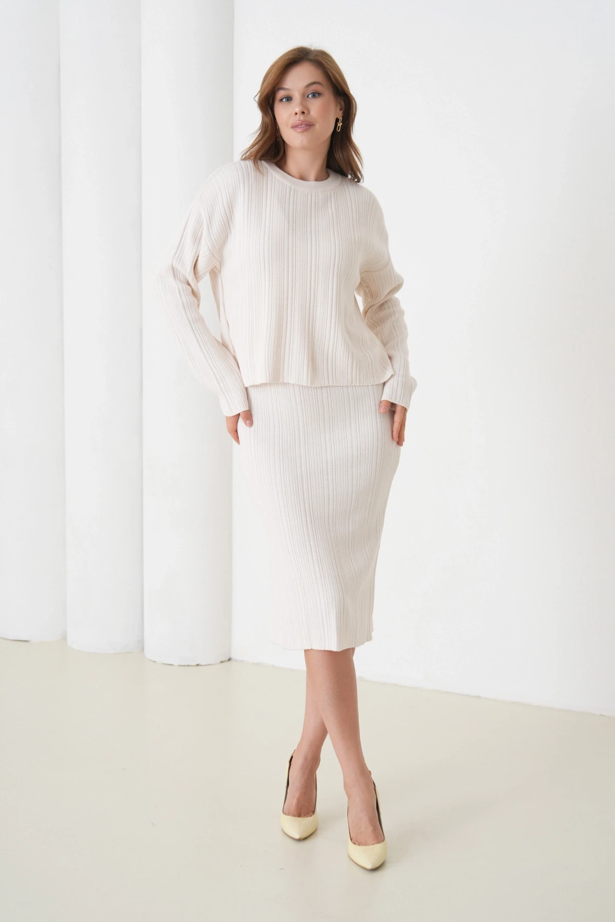 Kadın Bisiklet Yaka Dokulu Kazak Elbise İkili Triko Takım