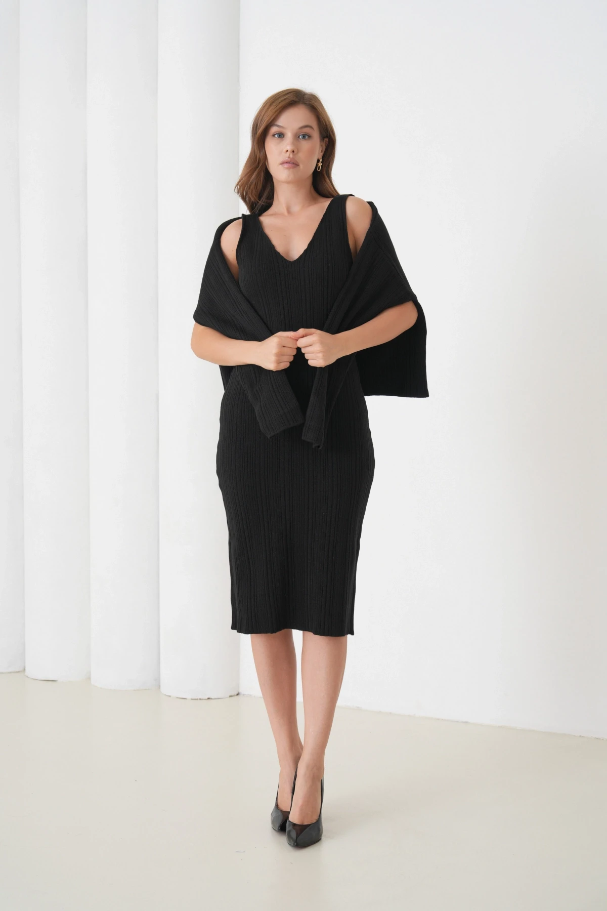 Kadın Bisiklet Yaka Dokulu Kazak Elbise İkili Triko Takım