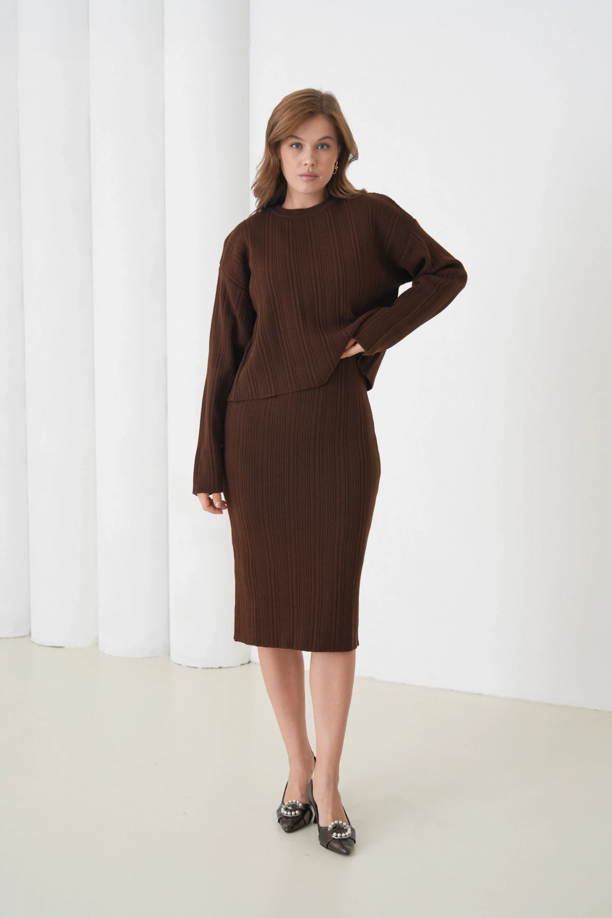 Kadın Bisiklet Yaka Dokulu Kazak Elbise İkili Triko Takım