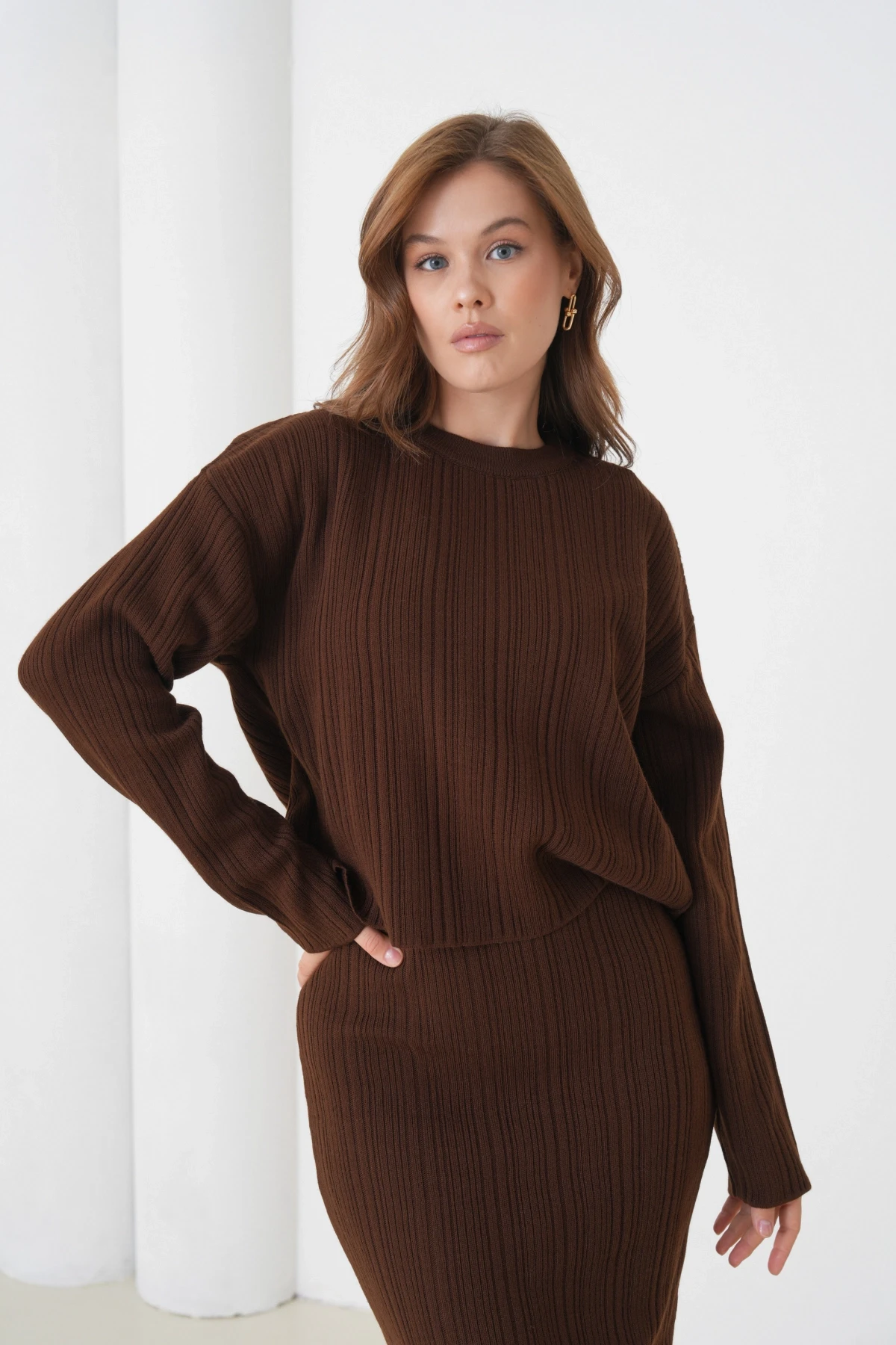 Kadın Bisiklet Yaka Dokulu Kazak Elbise İkili Triko Takım