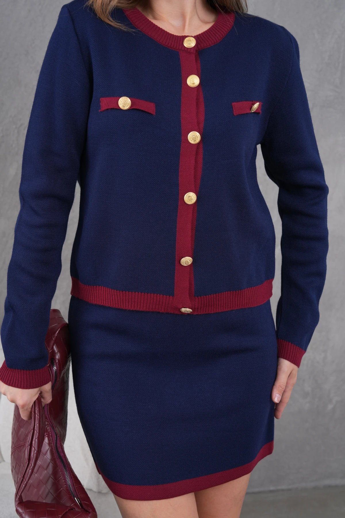 Kadın Bisiklet Yaka Düğme Detay Ceket Etek İkili Triko Takım