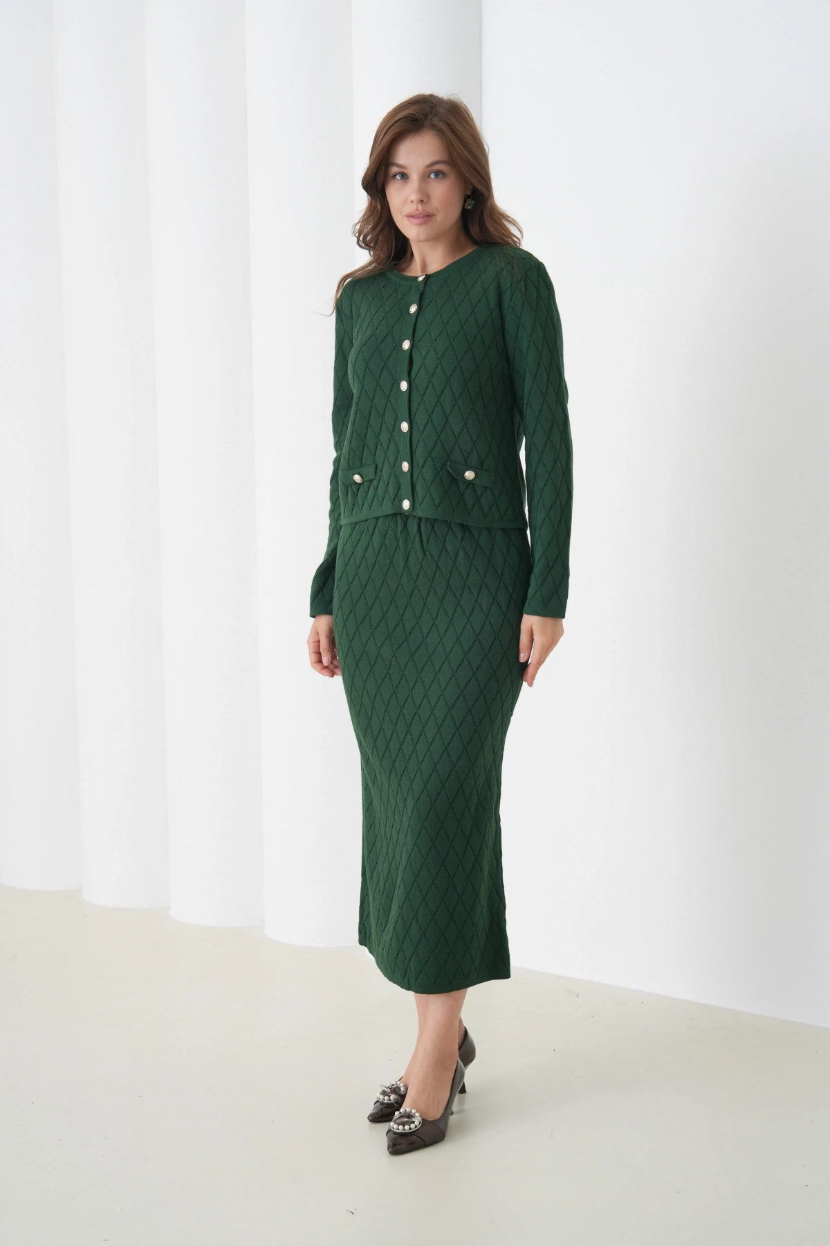 Kadın Bisiklet Yaka Düğme Detay Desenli Ceket Etek İkili Triko Takım