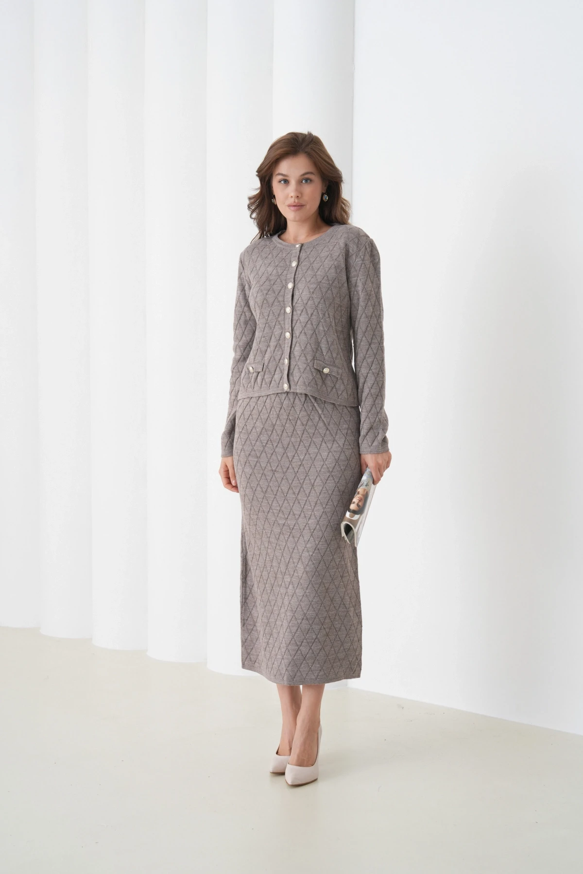 Kadın Bisiklet Yaka Düğme Detay Desenli Ceket Etek İkili Triko Takım