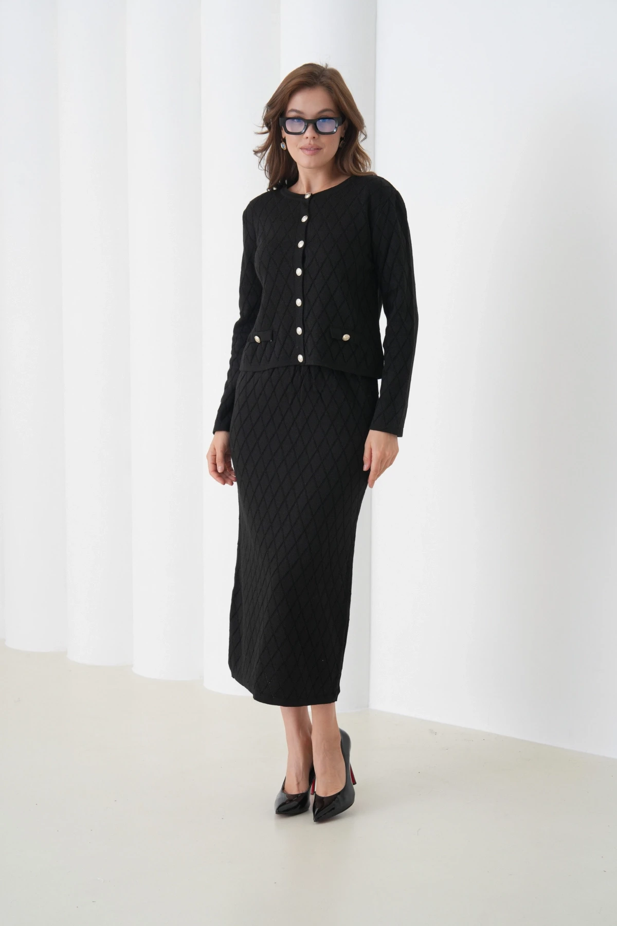 Kadın Bisiklet Yaka Düğme Detay Desenli Ceket Etek İkili Triko Takım