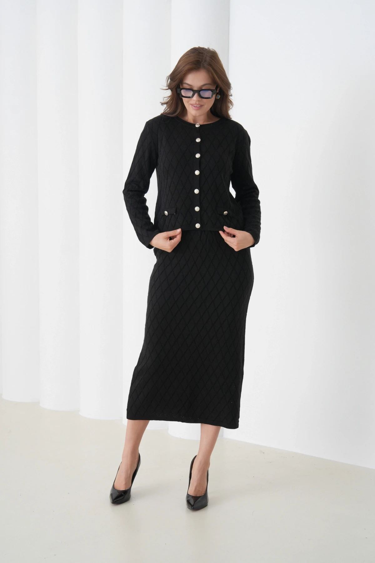 Kadın Bisiklet Yaka Düğme Detay Desenli Ceket Etek İkili Triko Takım