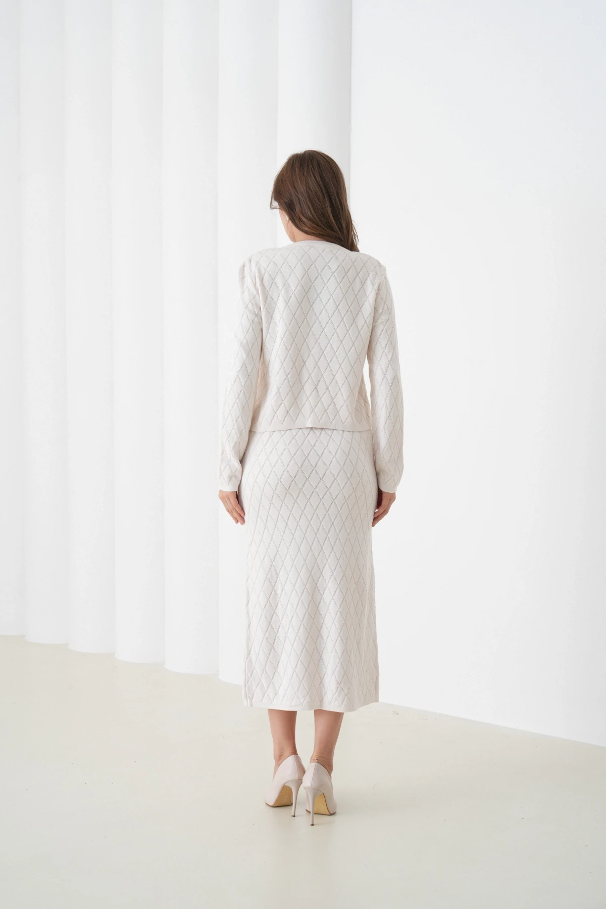 Kadın Bisiklet Yaka Düğme Detay Desenli Ceket Etek İkili Triko Takım