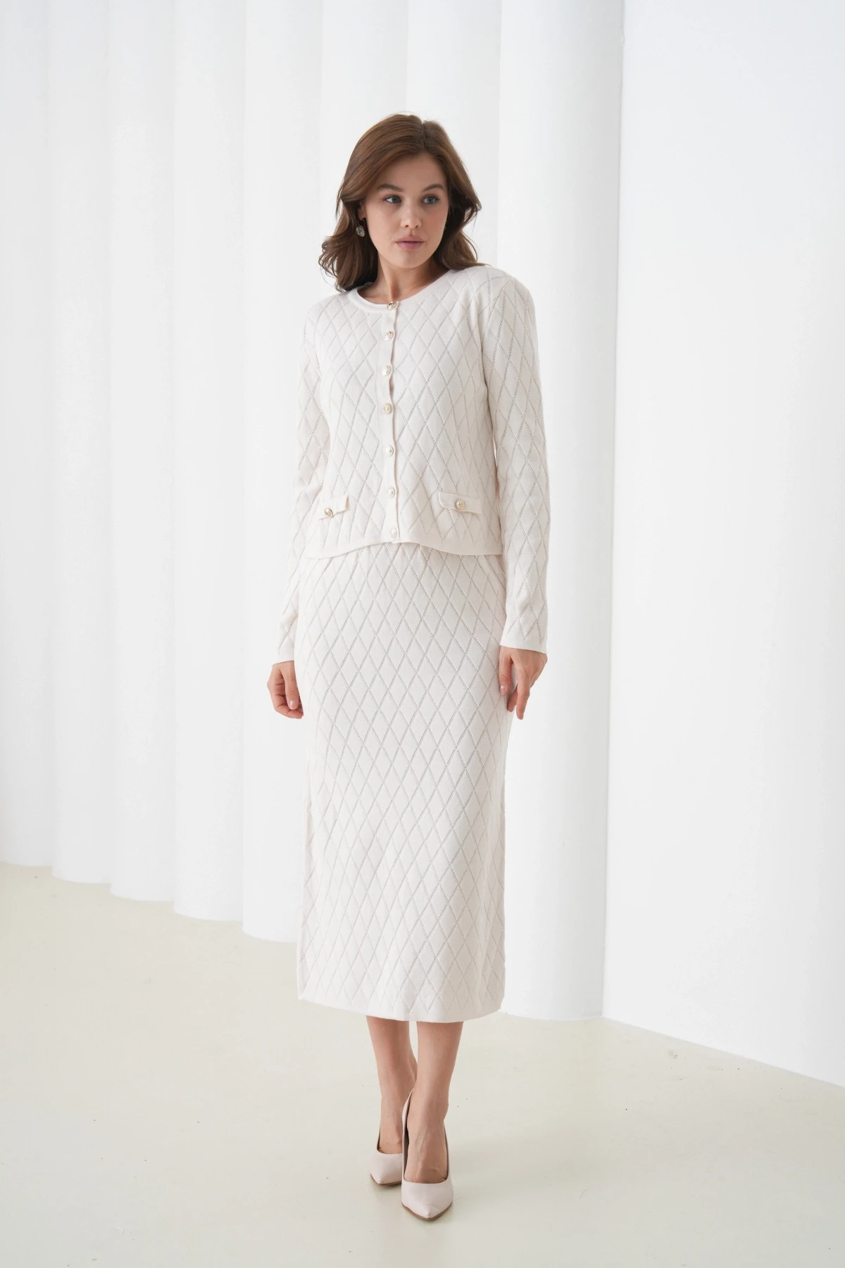 Kadın Bisiklet Yaka Düğme Detay Desenli Ceket Etek İkili Triko Takım