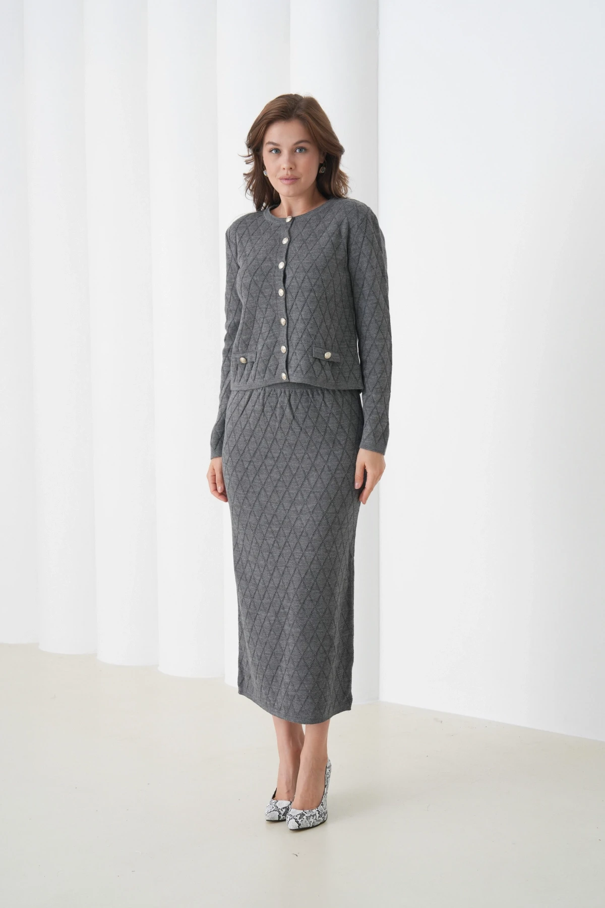 Kadın Bisiklet Yaka Düğme Detay Desenli Ceket Etek İkili Triko Takım