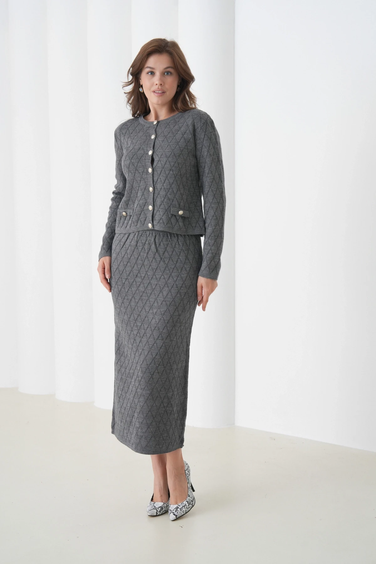 Kadın Bisiklet Yaka Düğme Detay Desenli Ceket Etek İkili Triko Takım