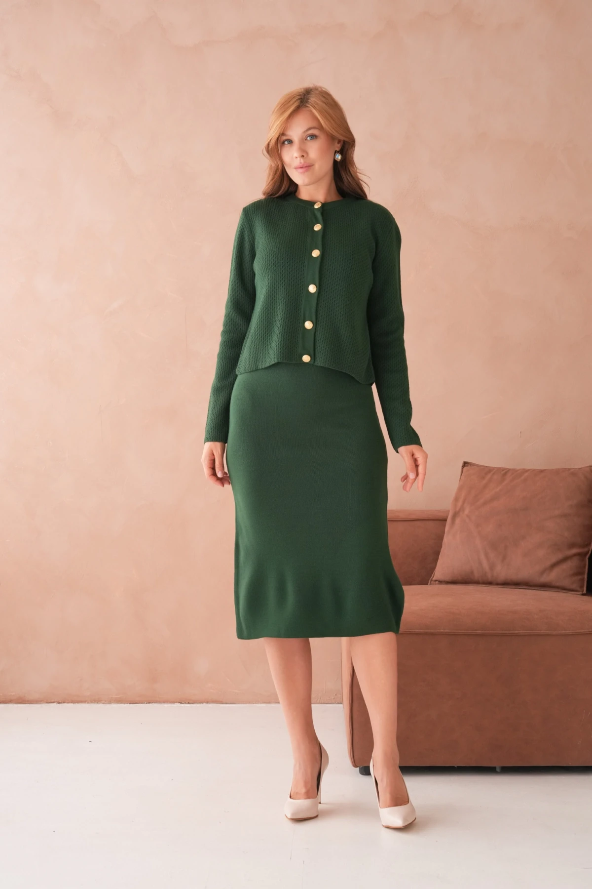 Kadın Bisiklet Yaka Düğme Detay Dokulu Ceket Elbise İkili Triko Takım