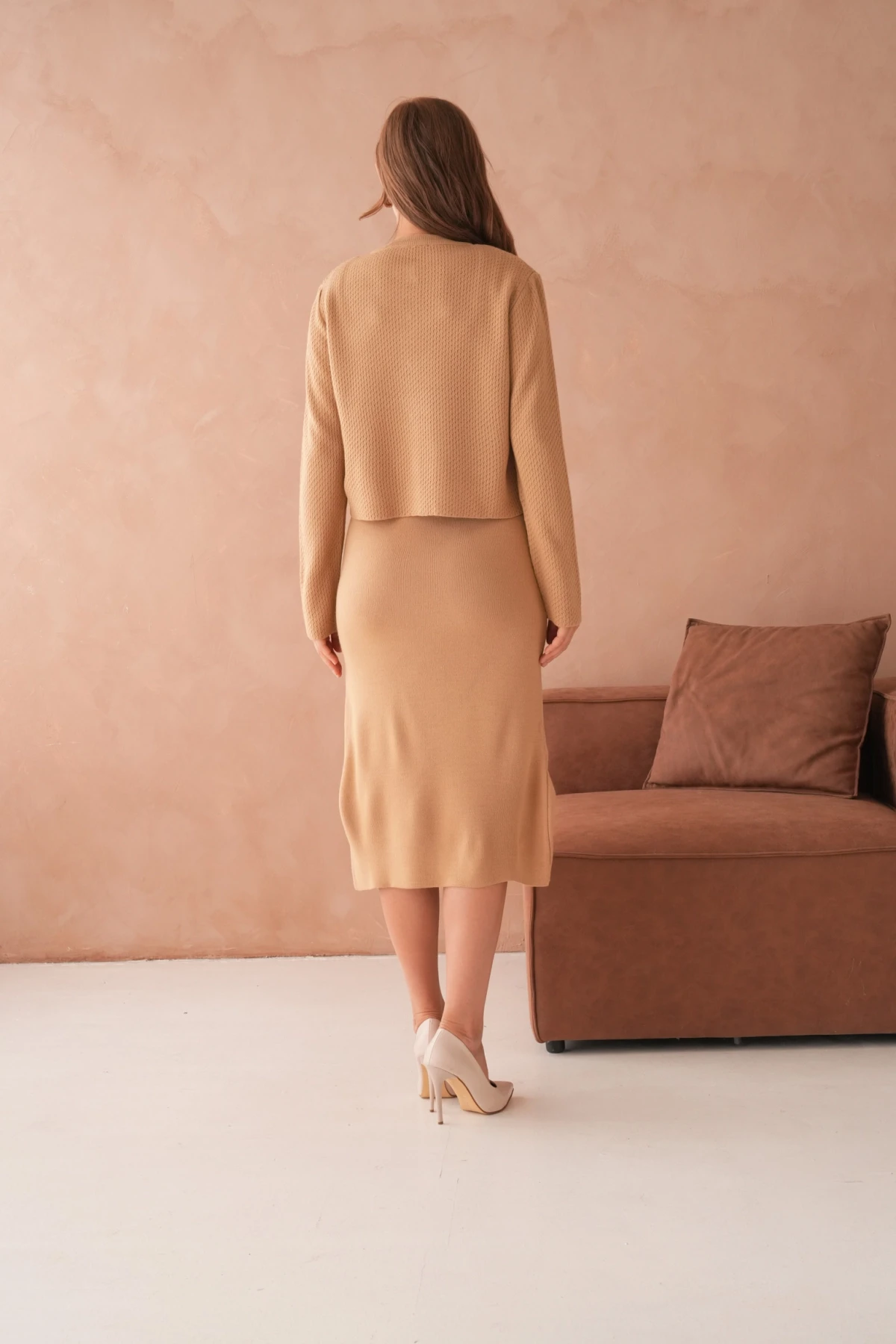 Kadın Bisiklet Yaka Düğme Detay Dokulu Ceket Elbise İkili Triko Takım