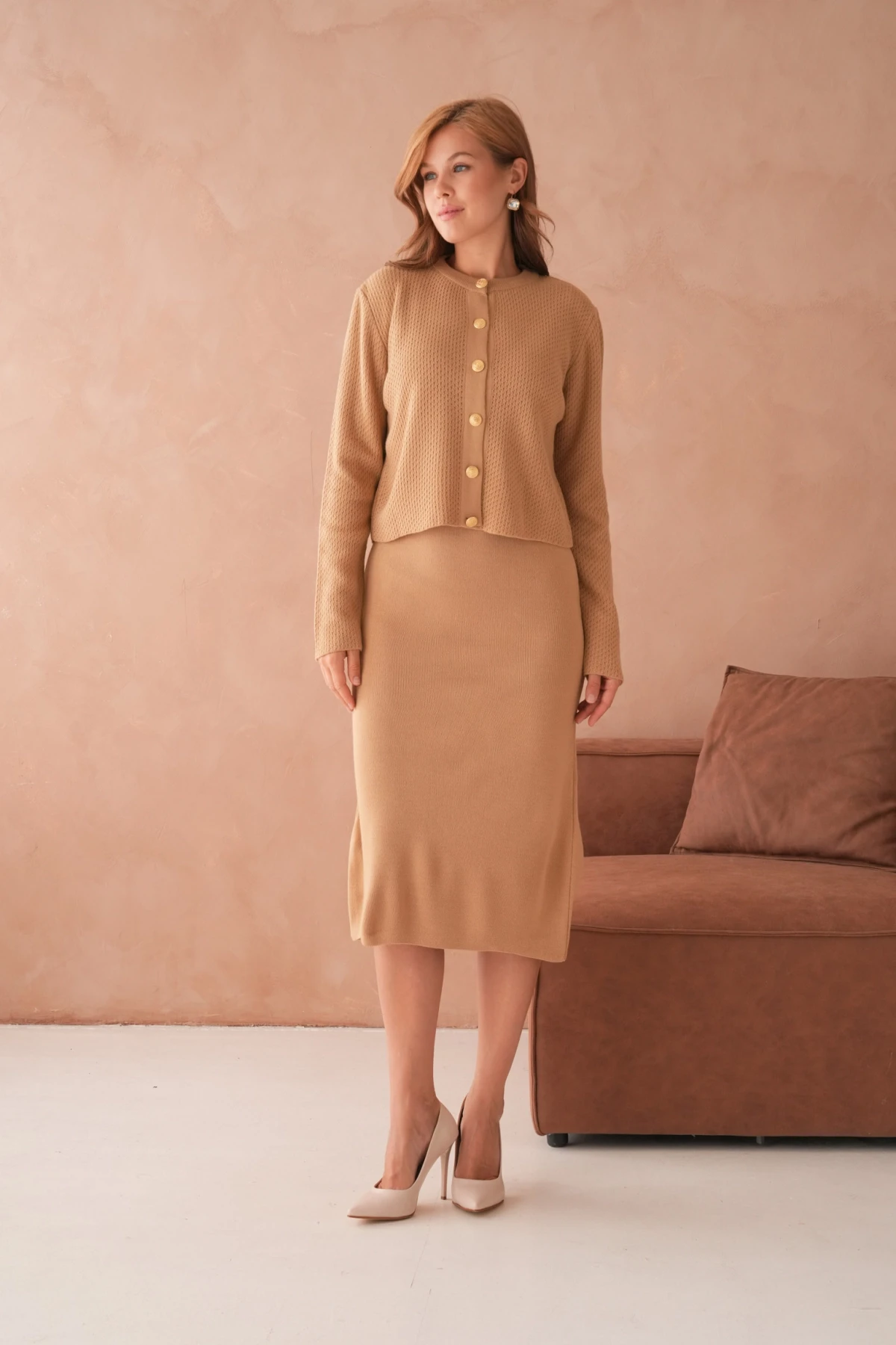 Kadın Bisiklet Yaka Düğme Detay Dokulu Ceket Elbise İkili Triko Takım