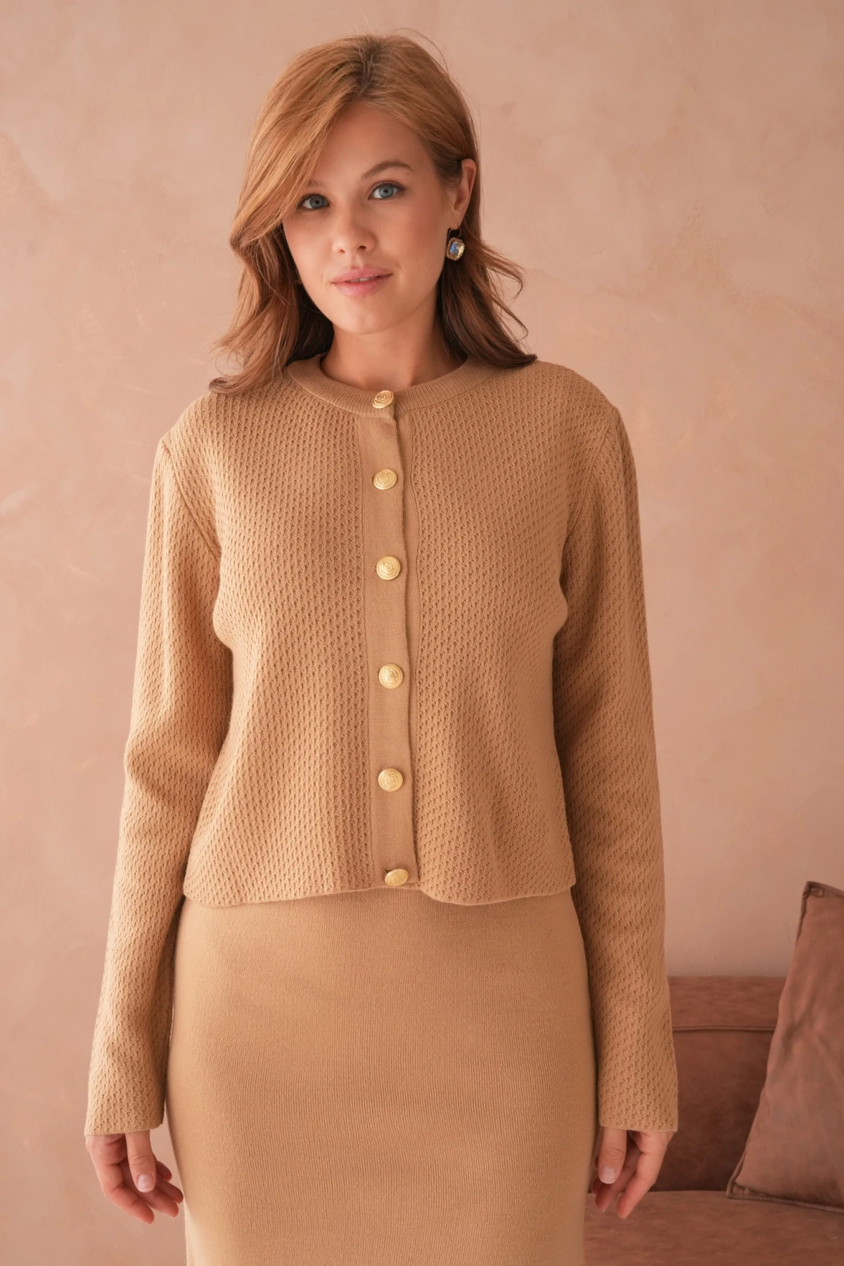 Kadın Bisiklet Yaka Düğme Detay Dokulu Ceket Elbise İkili Triko Takım