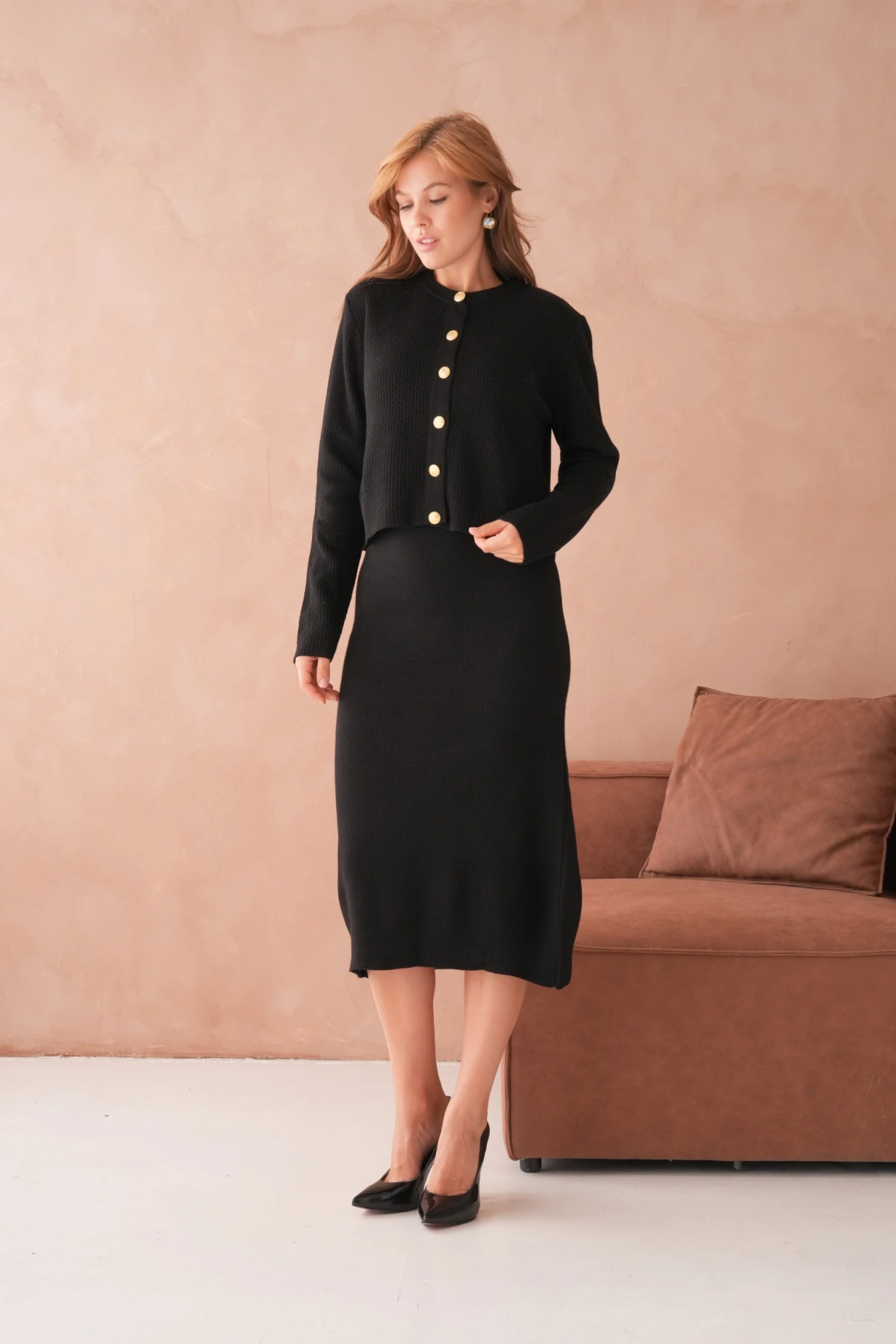 Kadın Bisiklet Yaka Düğme Detay Dokulu Ceket Elbise İkili Triko Takım