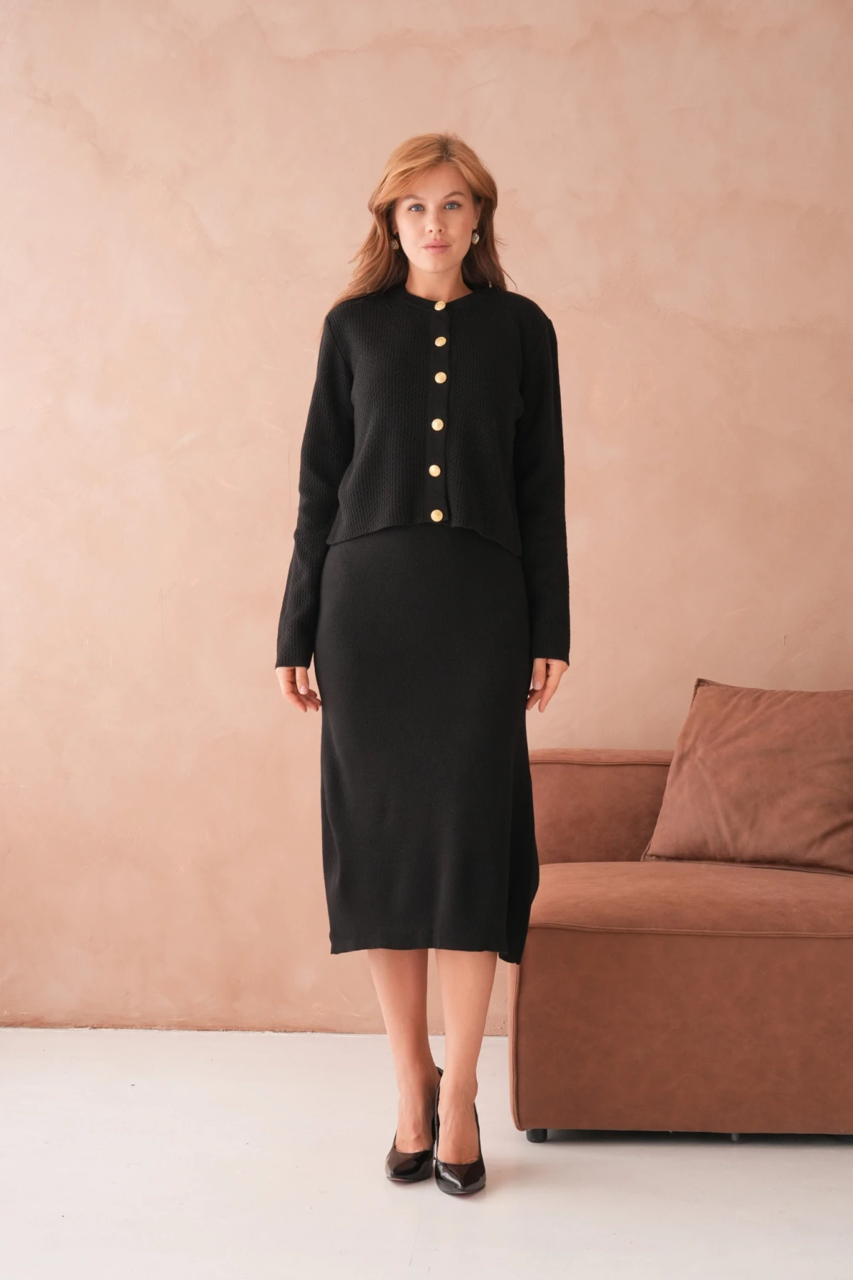 Kadın Bisiklet Yaka Düğme Detay Dokulu Ceket Elbise İkili Triko Takım