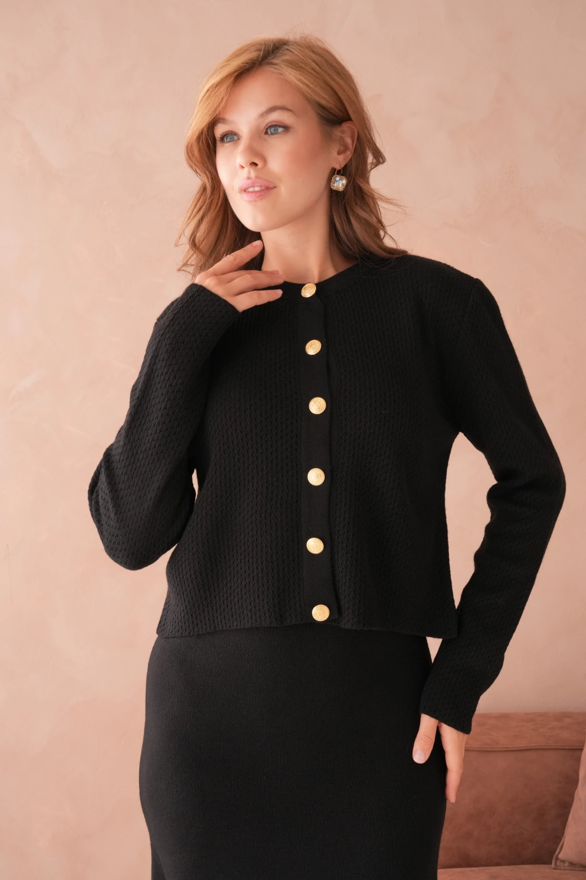 Kadın Bisiklet Yaka Düğme Detay Dokulu Ceket Elbise İkili Triko Takım