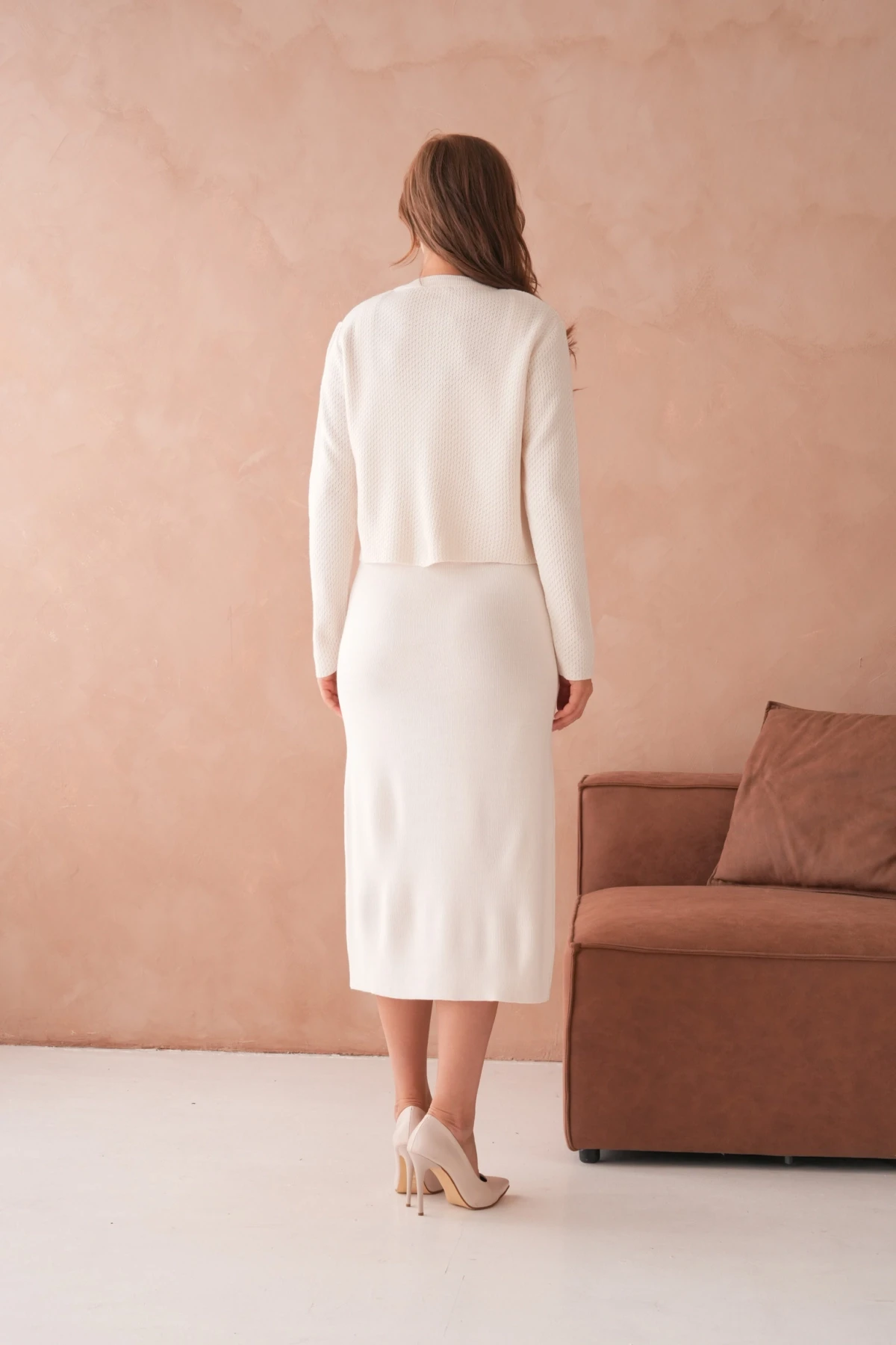 Kadın Bisiklet Yaka Düğme Detay Dokulu Ceket Elbise İkili Triko Takım