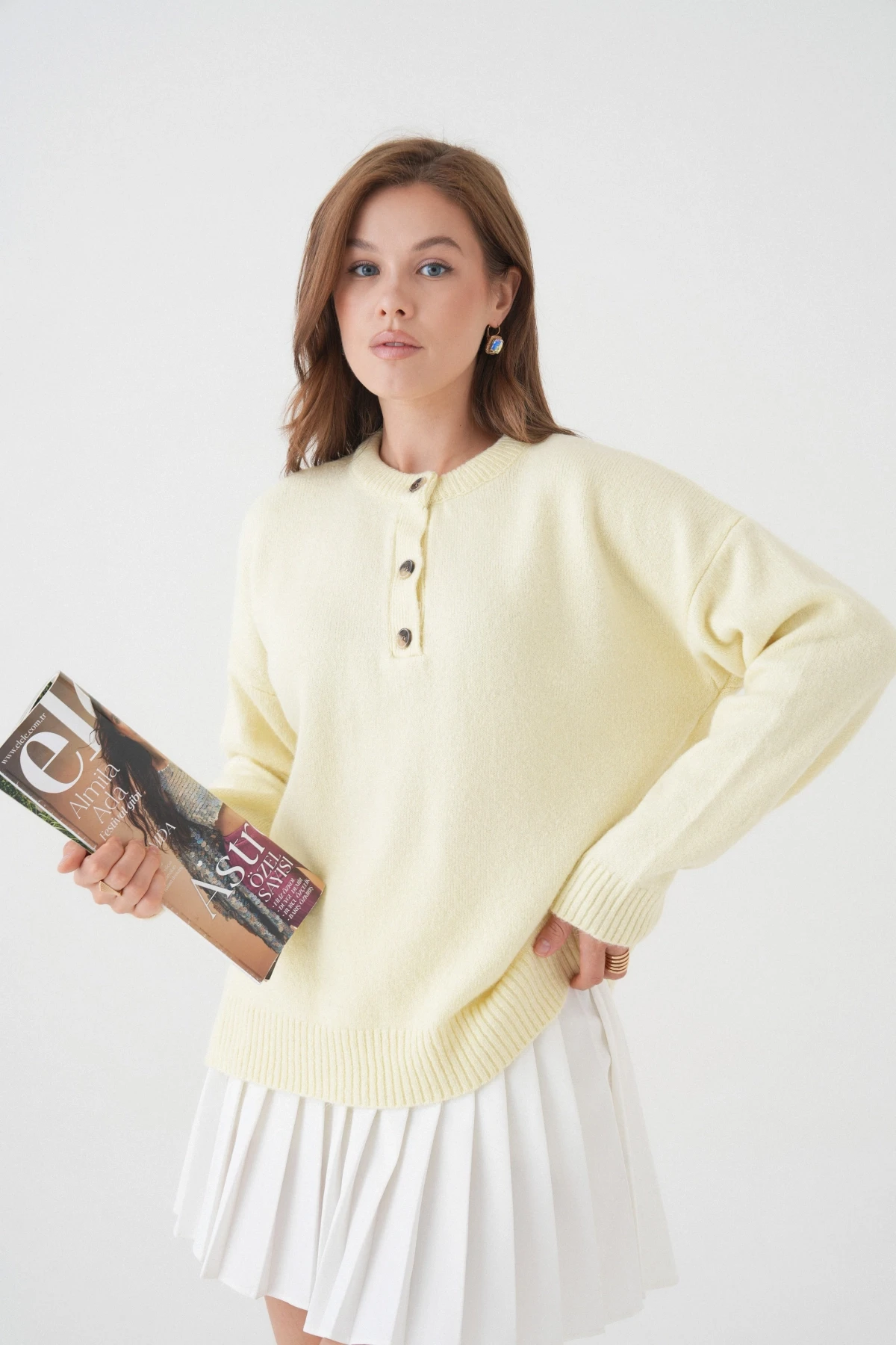 Kadın Bisiklet Yaka Düğme Detay Triko Kazak 8623