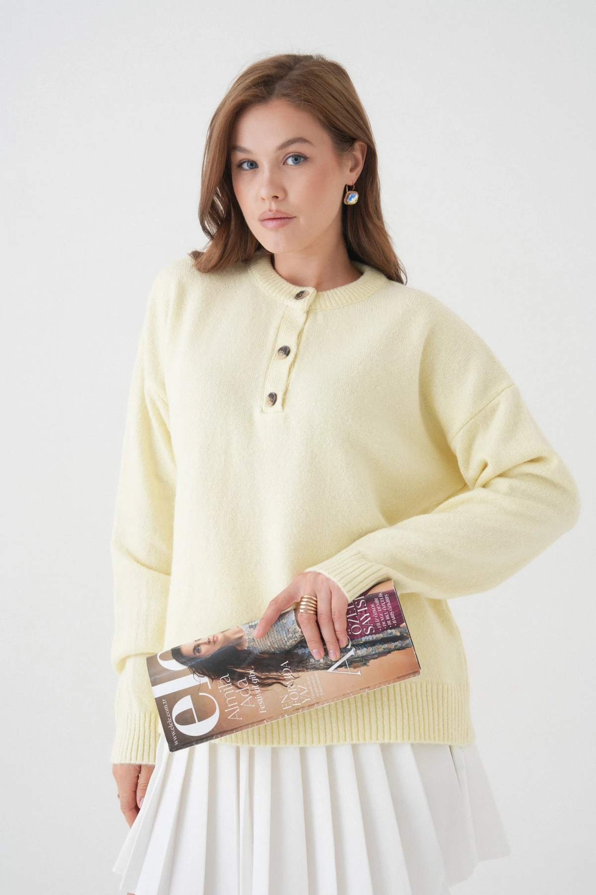 Kadın Bisiklet Yaka Düğme Detay Triko Kazak 8623