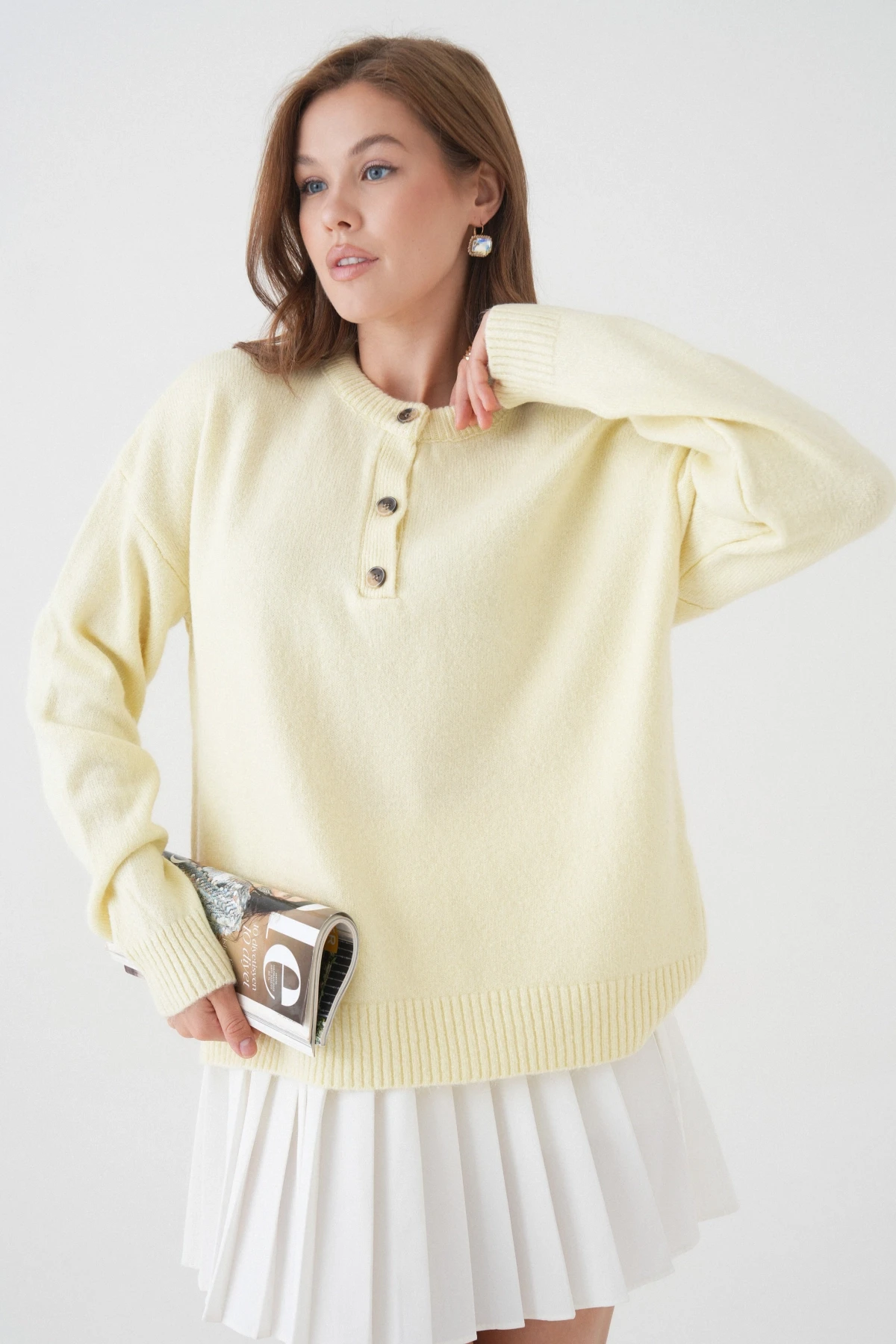 Kadın Bisiklet Yaka Düğme Detay Triko Kazak 8623