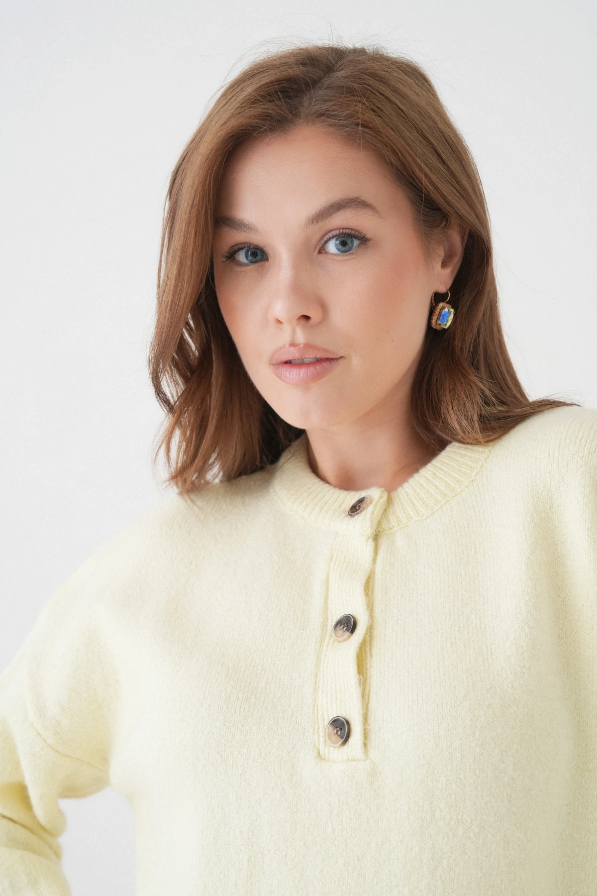 Kadın Bisiklet Yaka Düğme Detay Triko Kazak 8623