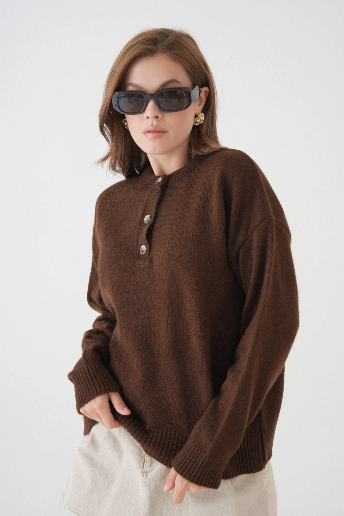 Kadın Bisiklet Yaka Düğme Detay Triko Kazak 8623