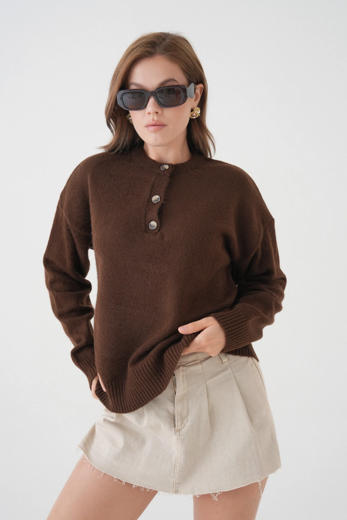 Kadın Bisiklet Yaka Düğme Detay Triko Kazak 8623