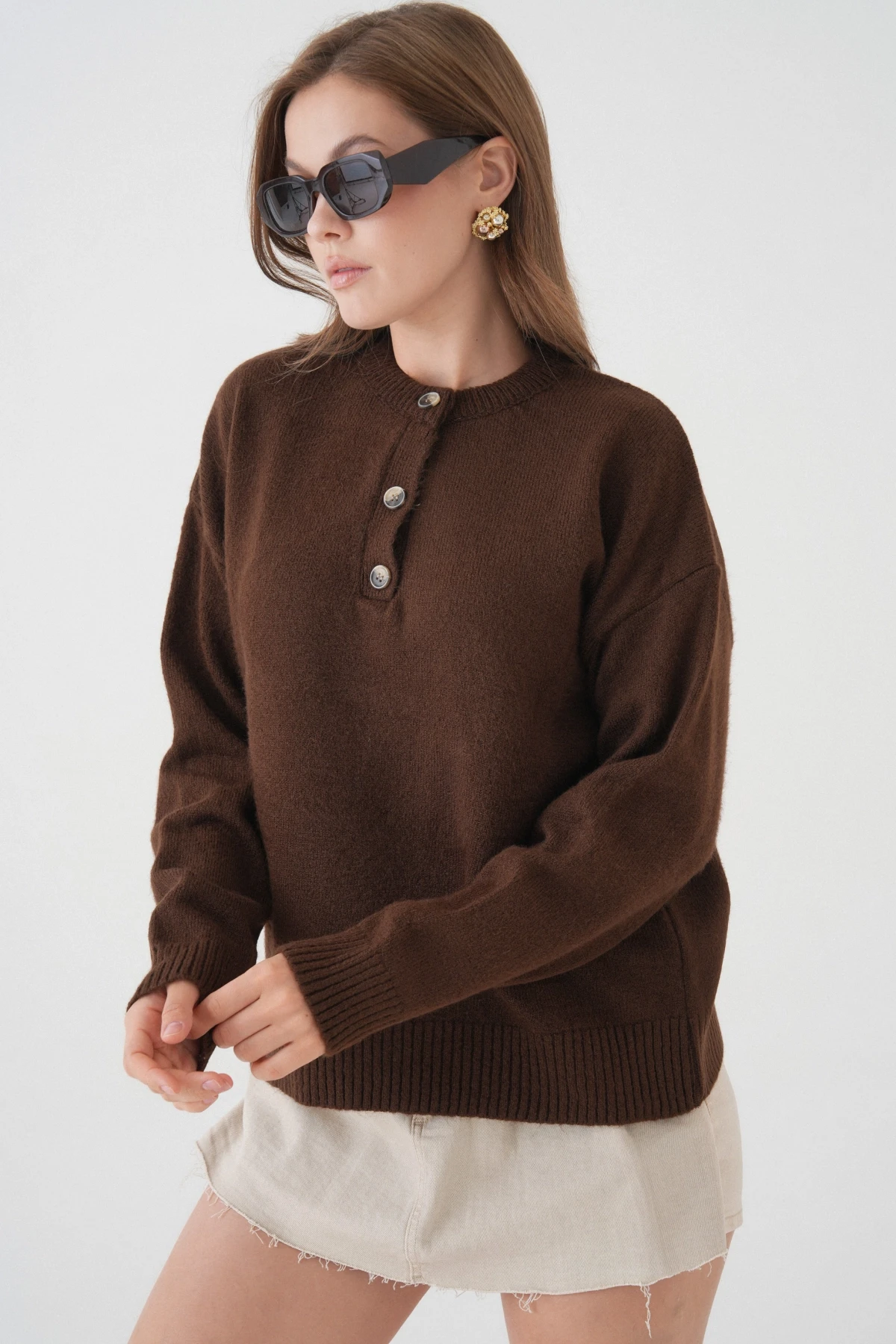 Kadın Bisiklet Yaka Düğme Detay Triko Kazak 8623