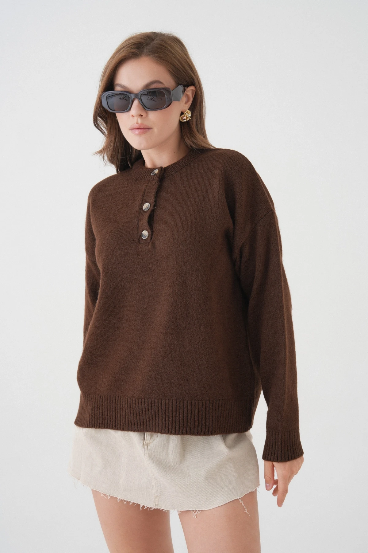 Kadın Bisiklet Yaka Düğme Detay Triko Kazak 8623