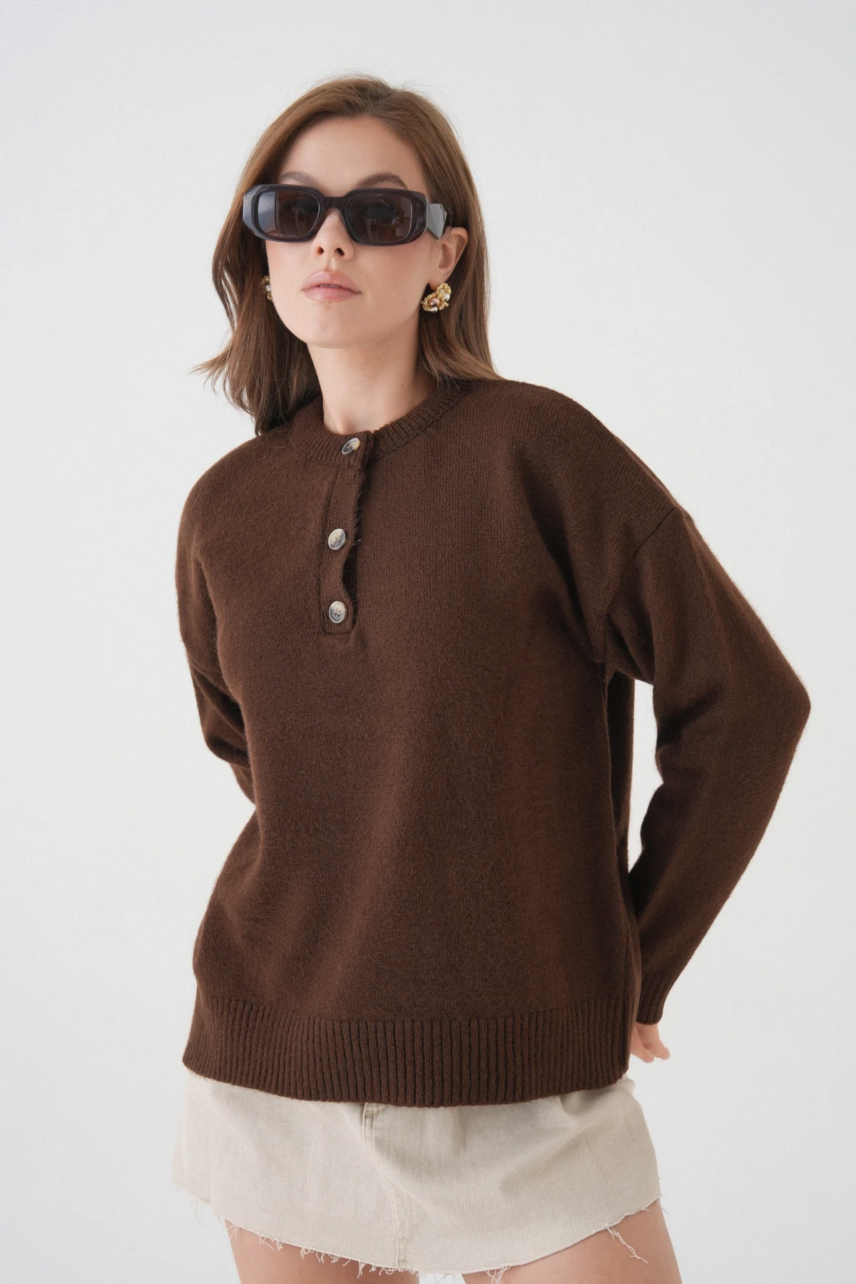 Kadın Bisiklet Yaka Düğme Detay Triko Kazak 8623