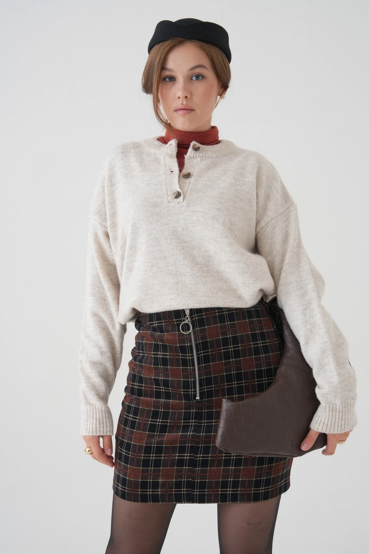 Kadın Bisiklet Yaka Düğme Detay Triko Kazak 8623