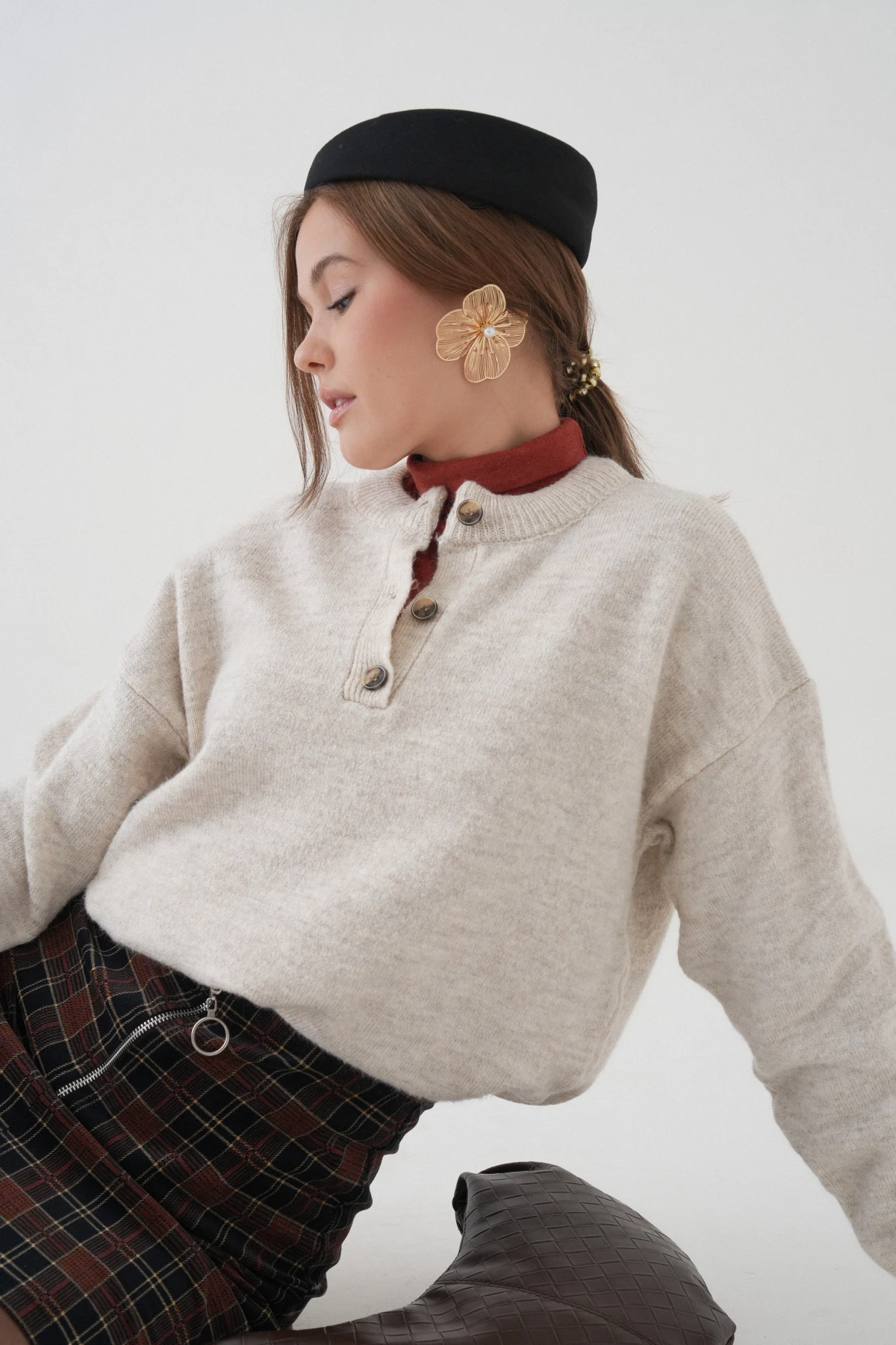 Kadın Bisiklet Yaka Düğme Detay Triko Kazak 8623