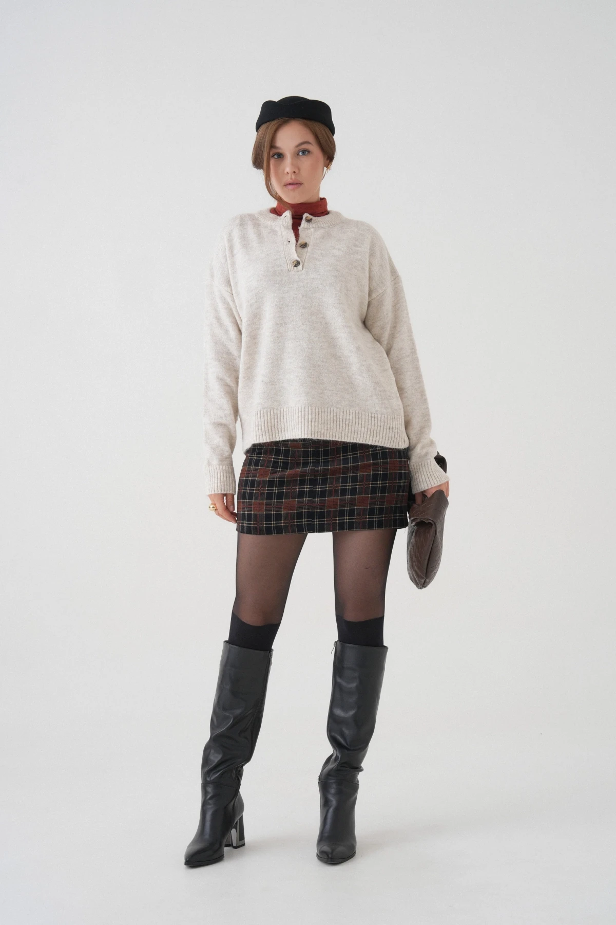 Kadın Bisiklet Yaka Düğme Detay Triko Kazak 8623