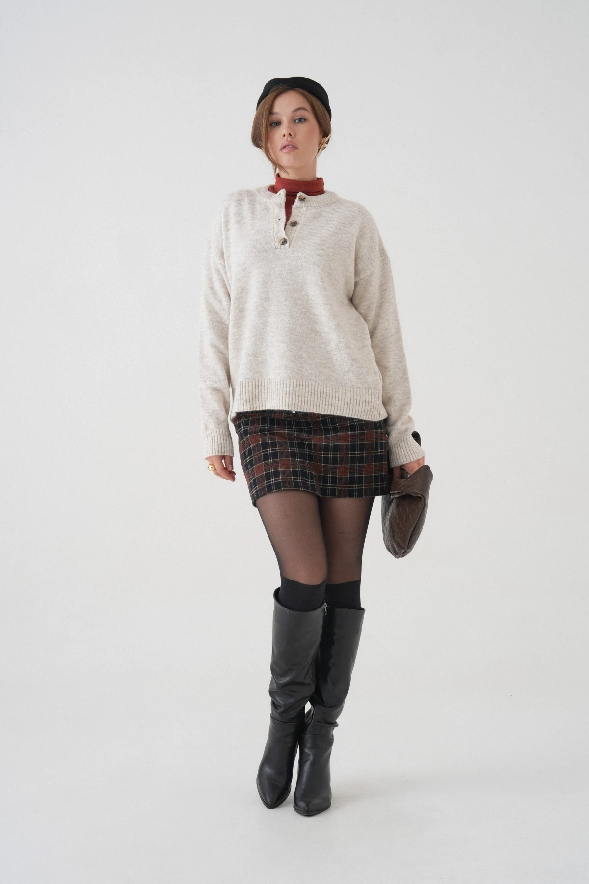 Kadın Bisiklet Yaka Düğme Detay Triko Kazak 8623