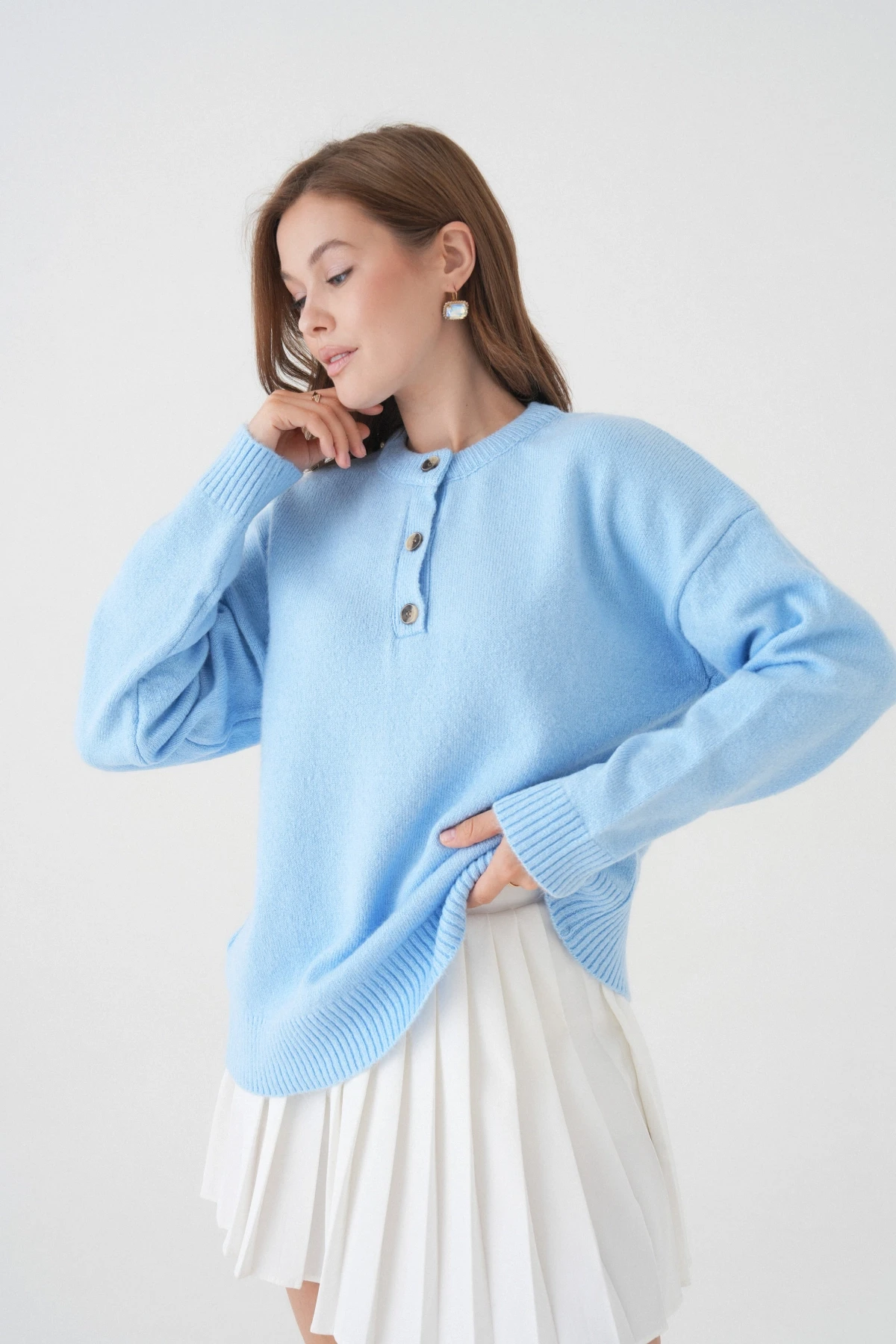 Kadın Bisiklet Yaka Düğme Detay Triko Kazak 8623