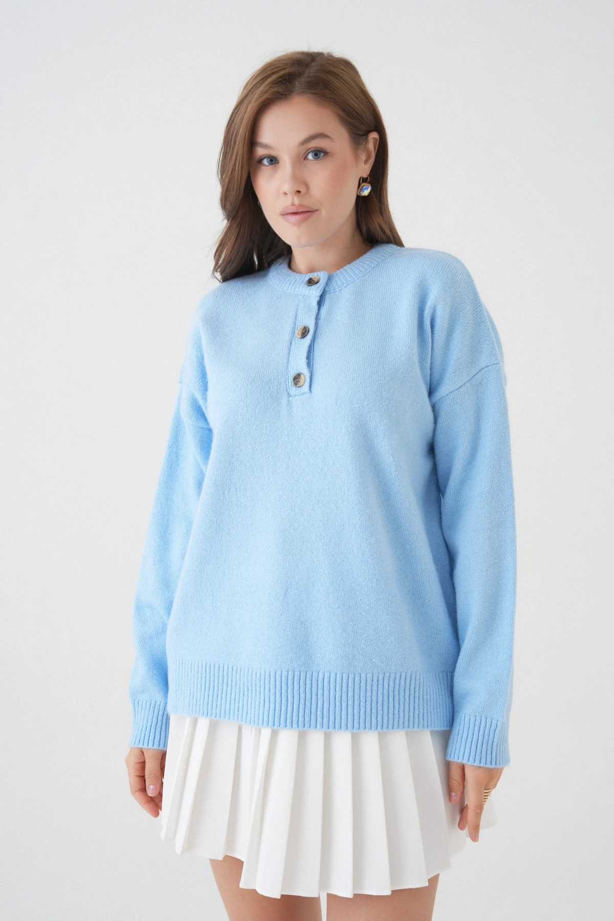 Kadın Bisiklet Yaka Düğme Detay Triko Kazak 8623