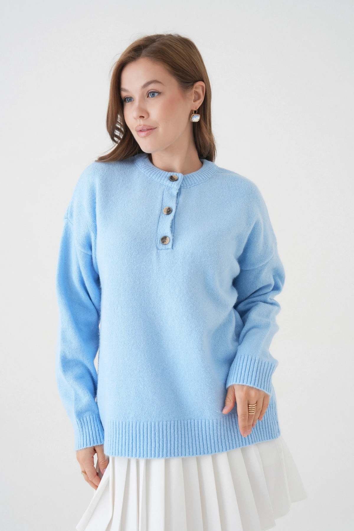 Kadın Bisiklet Yaka Düğme Detay Triko Kazak 8623