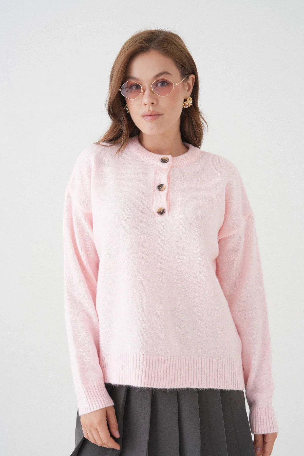 Kadın Bisiklet Yaka Düğme Detay Triko Kazak 8623