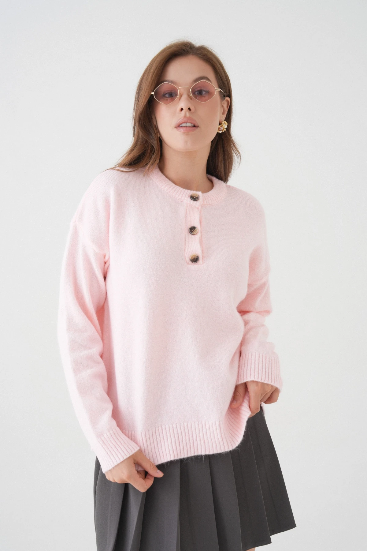 Kadın Bisiklet Yaka Düğme Detay Triko Kazak 8623