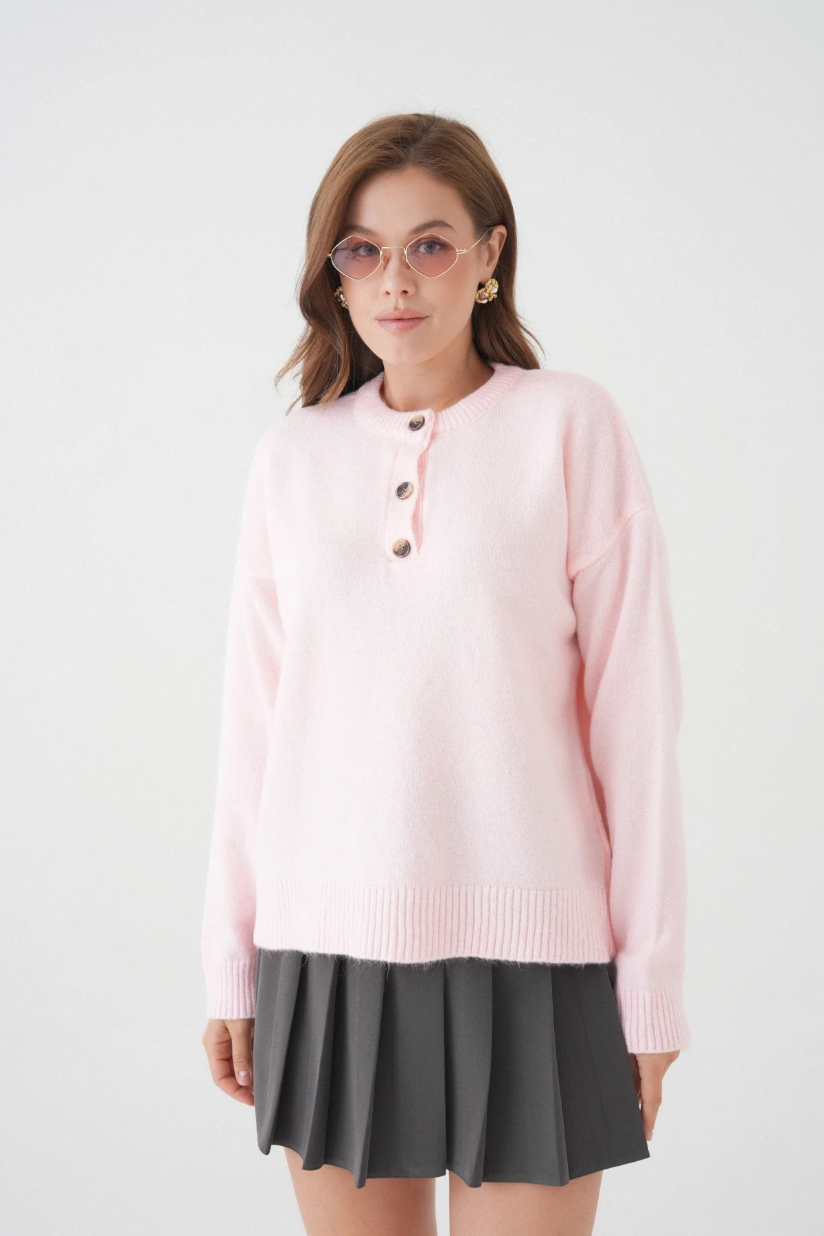 Kadın Bisiklet Yaka Düğme Detay Triko Kazak 8623