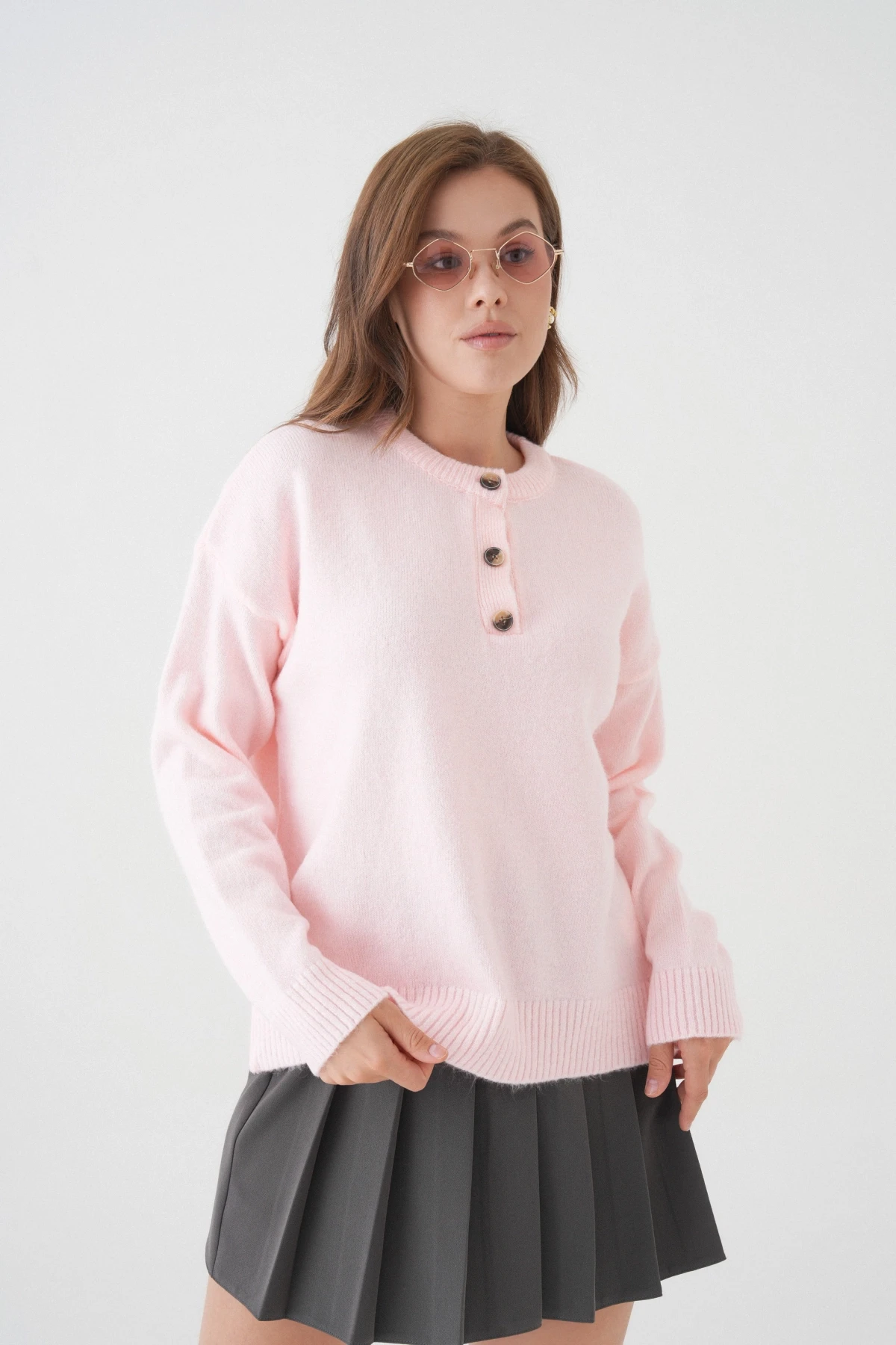 Kadın Bisiklet Yaka Düğme Detay Triko Kazak 8623