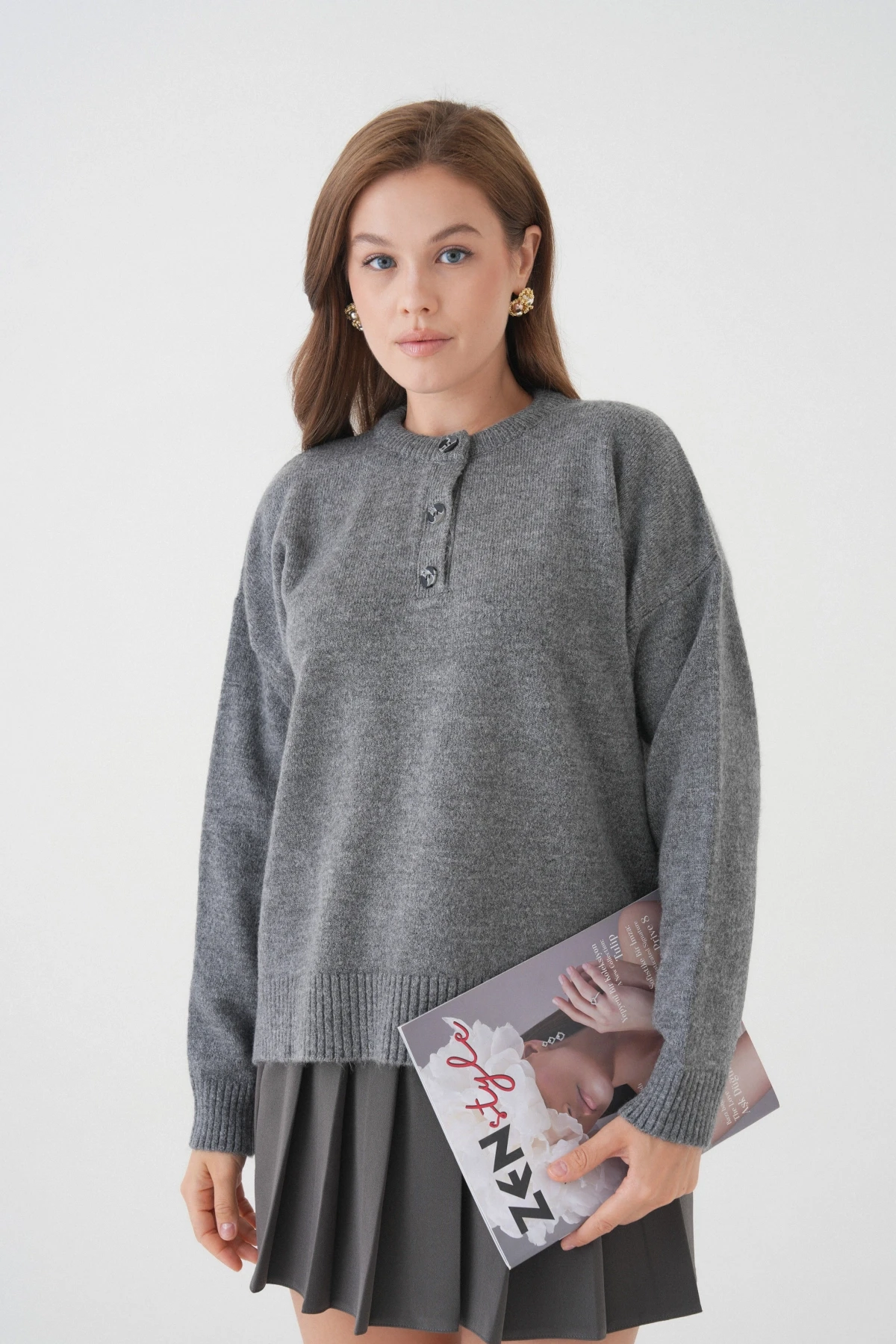 Kadın Bisiklet Yaka Düğme Detay Triko Kazak 8623