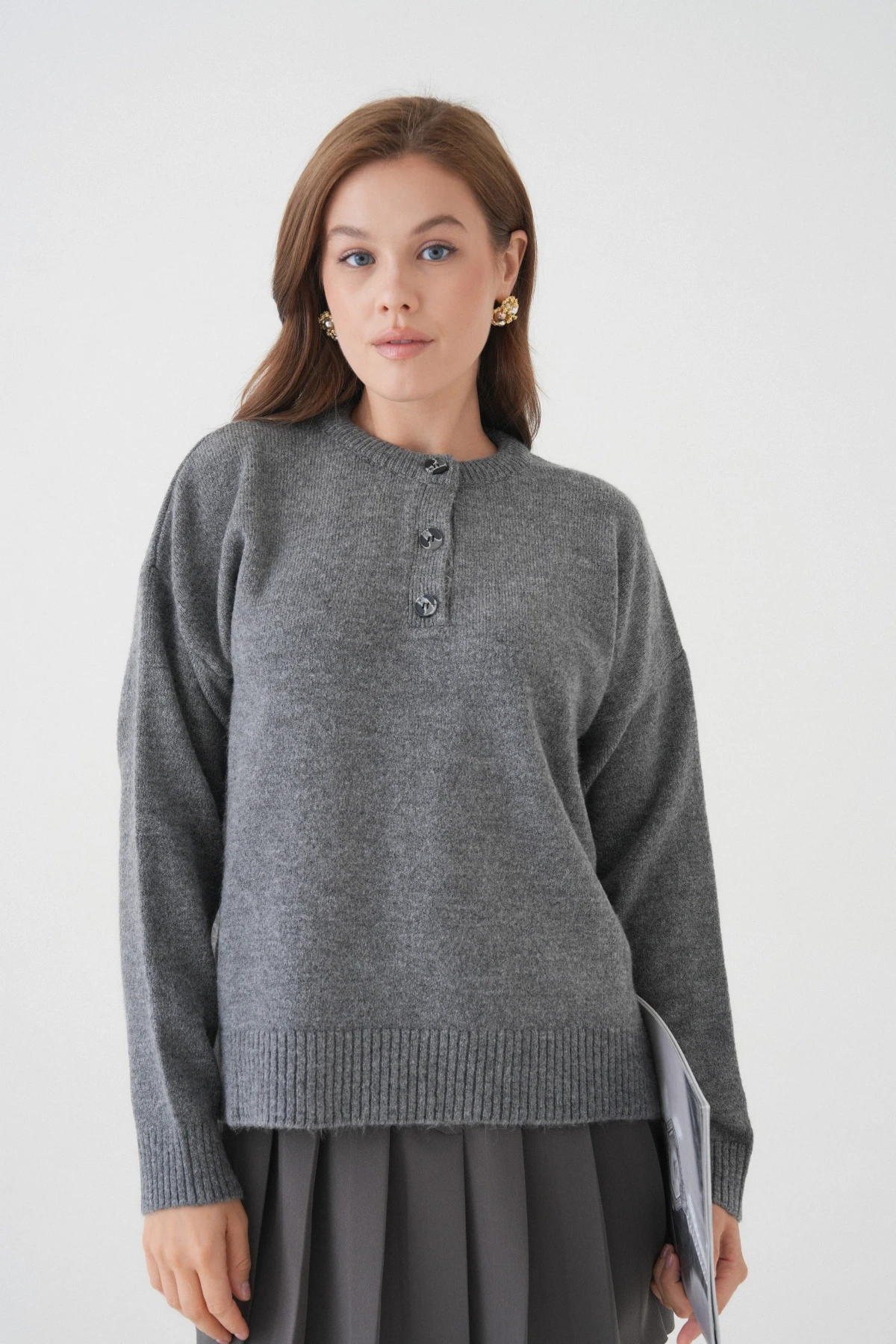 Kadın Bisiklet Yaka Düğme Detay Triko Kazak 8623