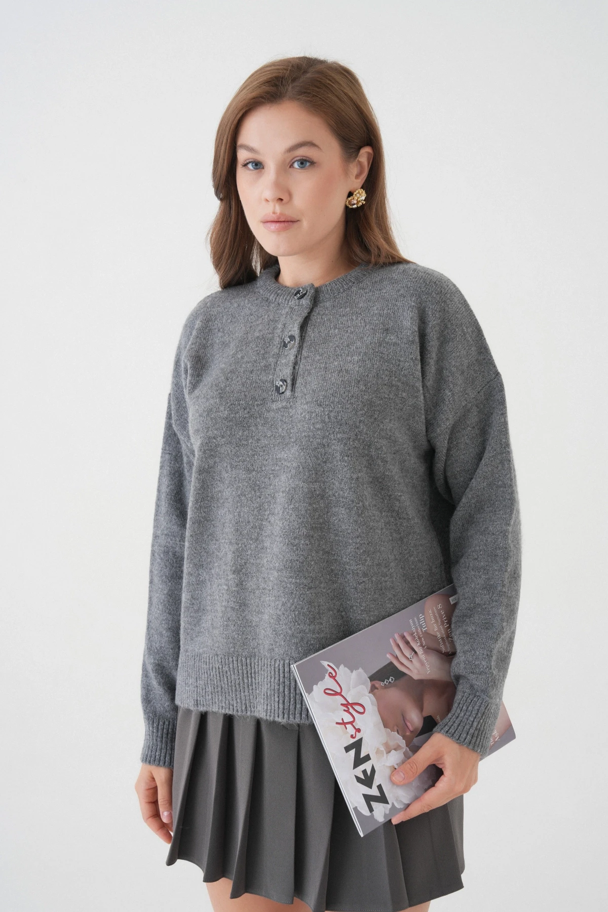 Kadın Bisiklet Yaka Düğme Detay Triko Kazak 8623