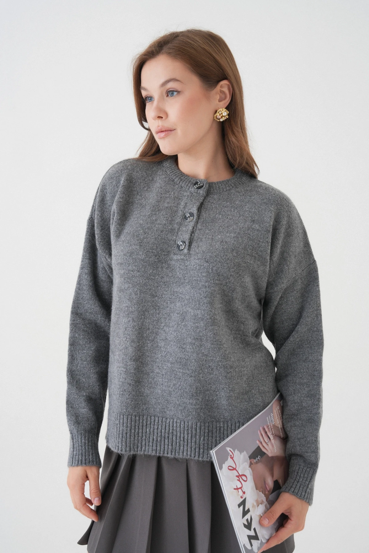 Kadın Bisiklet Yaka Düğme Detay Triko Kazak 8623