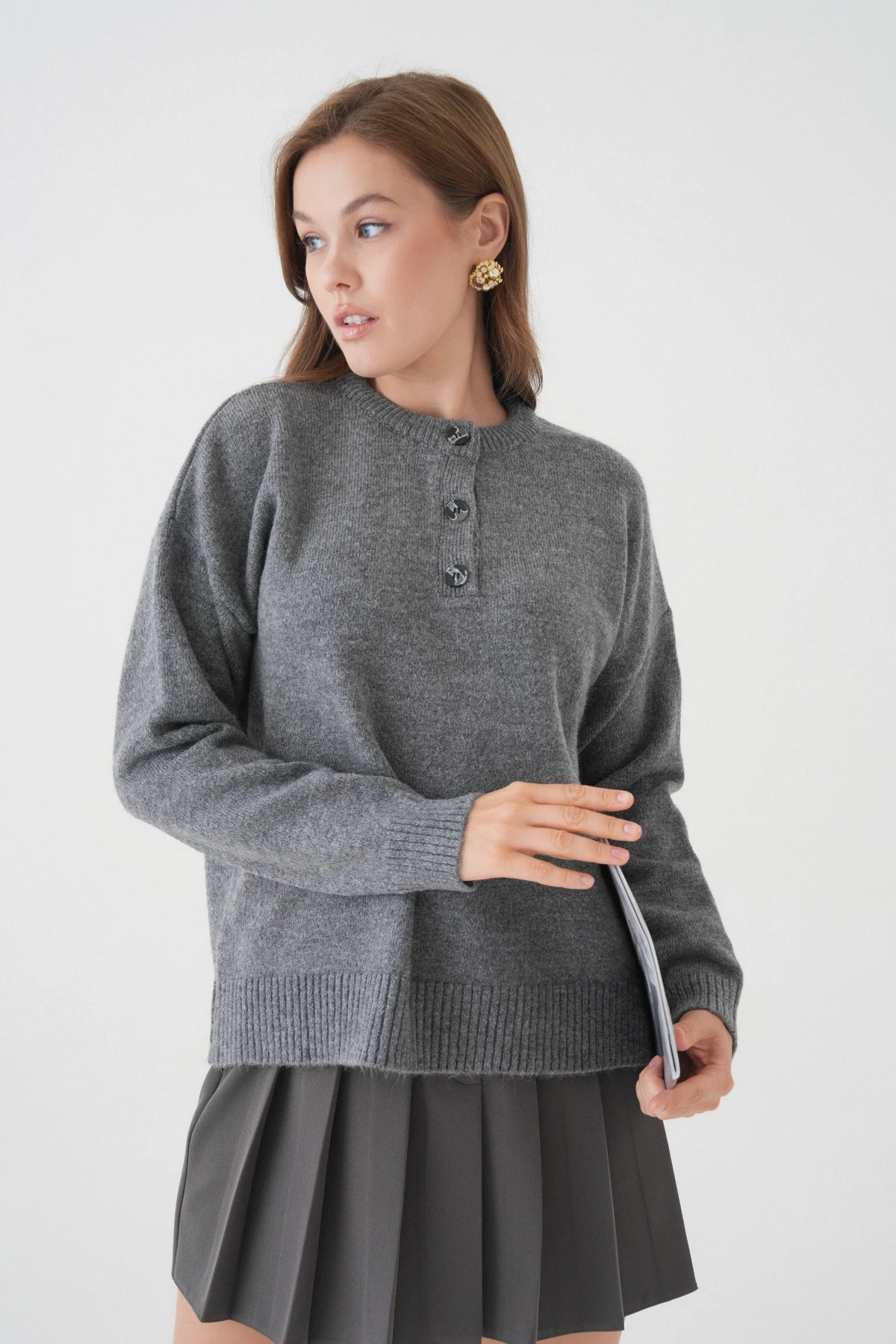 Kadın Bisiklet Yaka Düğme Detay Triko Kazak 8623