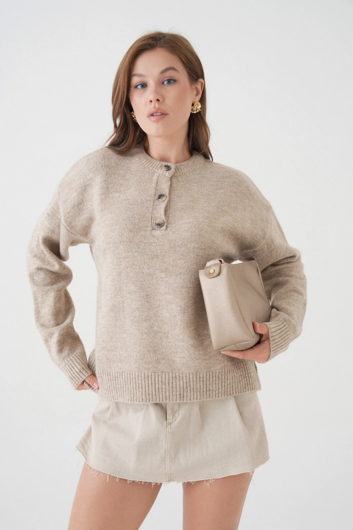 Kadın Bisiklet Yaka Düğme Detay Triko Kazak 8623