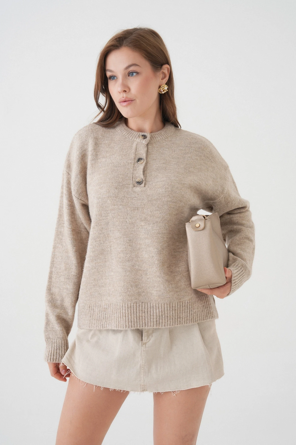 Kadın Bisiklet Yaka Düğme Detay Triko Kazak 8623