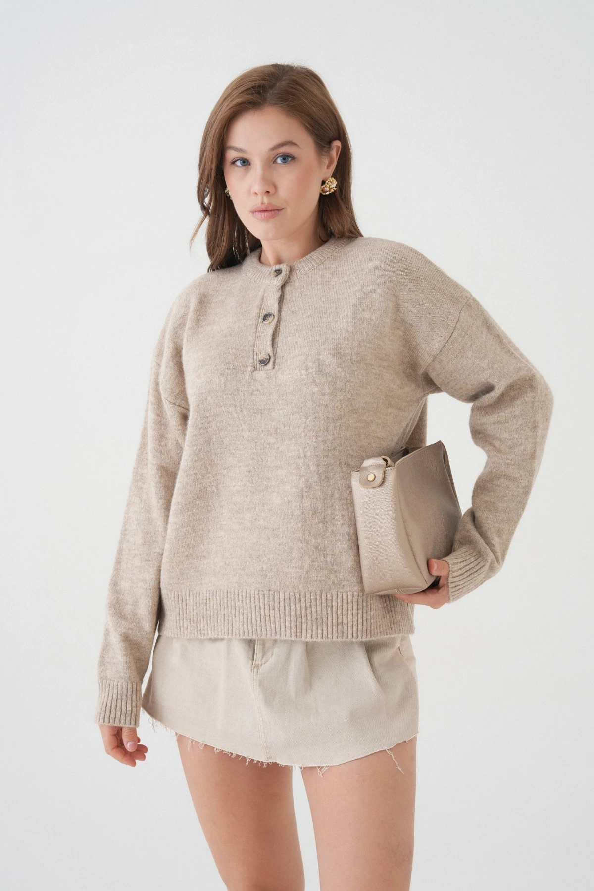 Kadın Bisiklet Yaka Düğme Detay Triko Kazak 8623