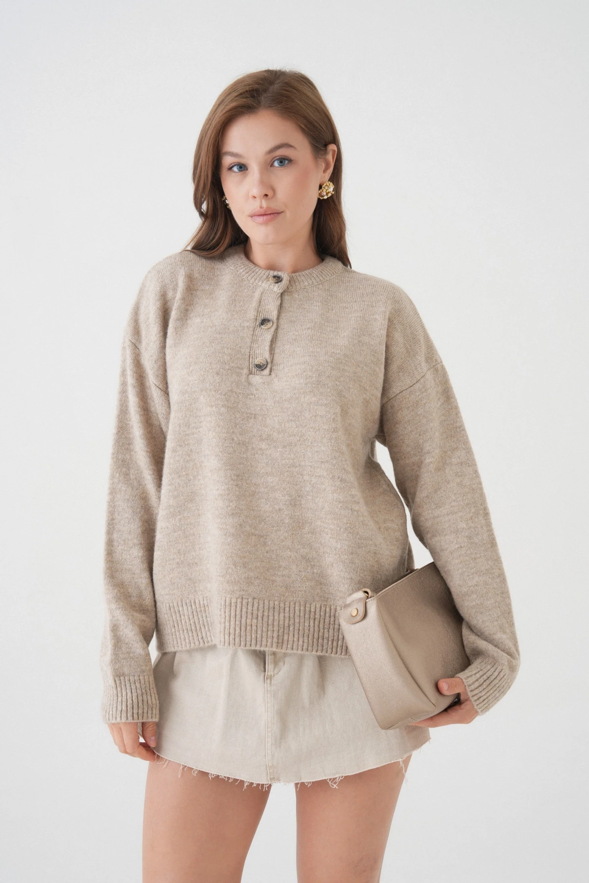 Kadın Bisiklet Yaka Düğme Detay Triko Kazak 8623